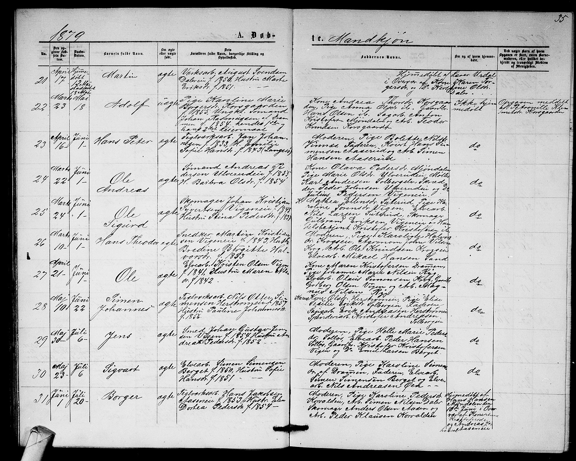 Nedre Eiker kirkebøker, AV/SAKO-A-612/G/Ga/L0001: Parish register (copy) no. 1, 1873-1880, p. 35