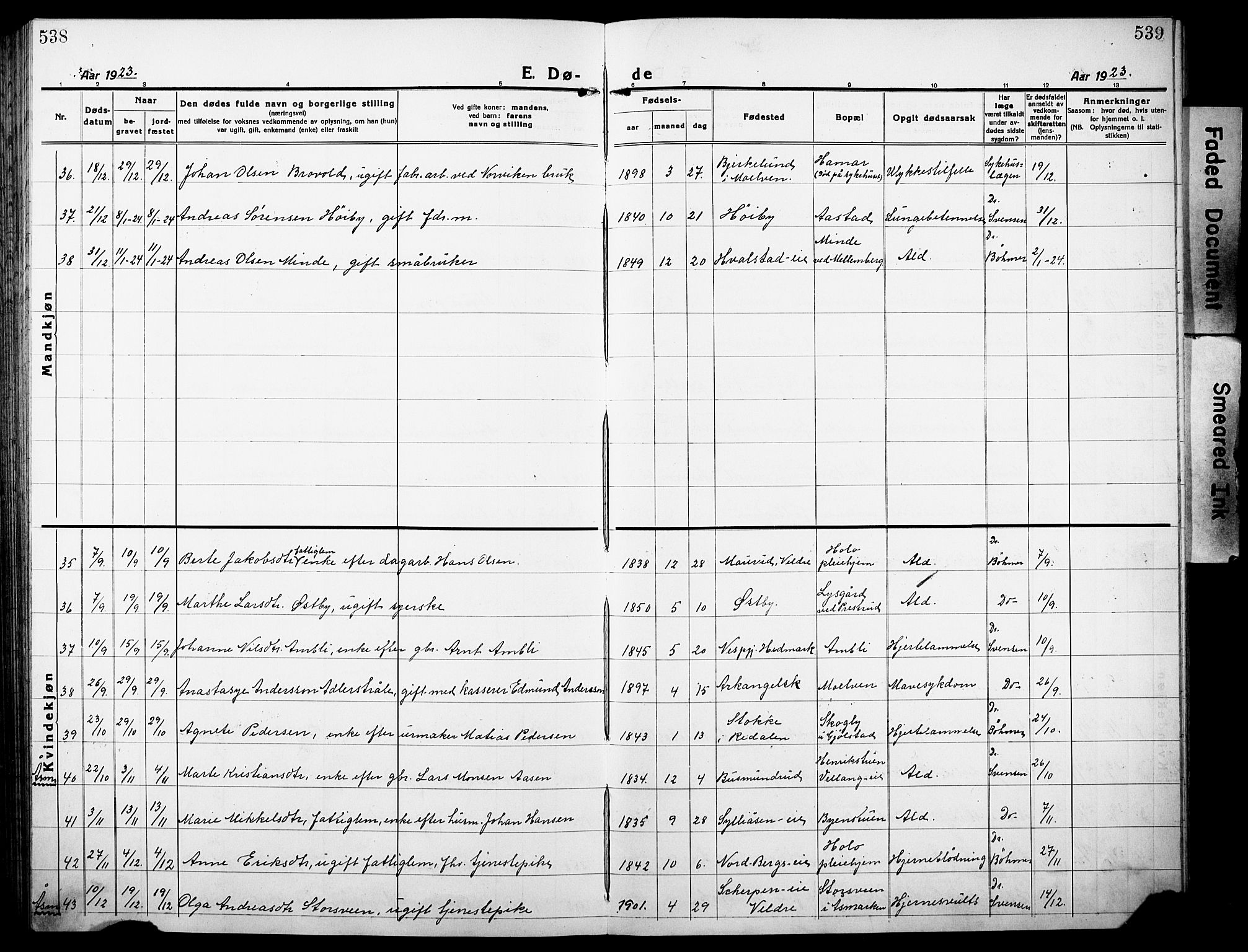 Ringsaker prestekontor, SAH/PREST-014/L/La/L0019: Parish register (copy) no. 19, 1923-1933, p. 538-539