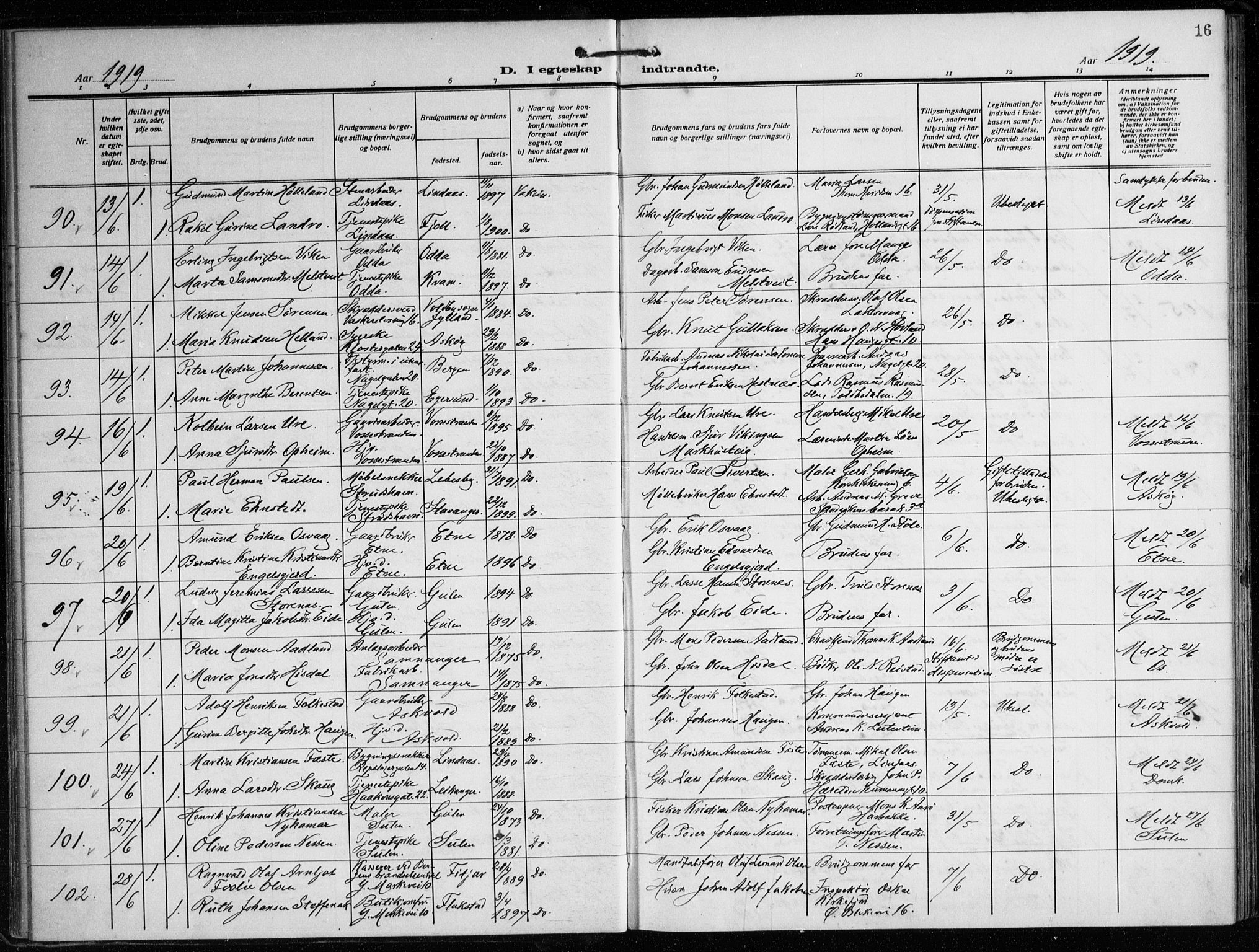 Nykirken Sokneprestembete, AV/SAB-A-77101/H/Haa/L0037: Parish register (official) no. D 7, 1918-1926, p. 16