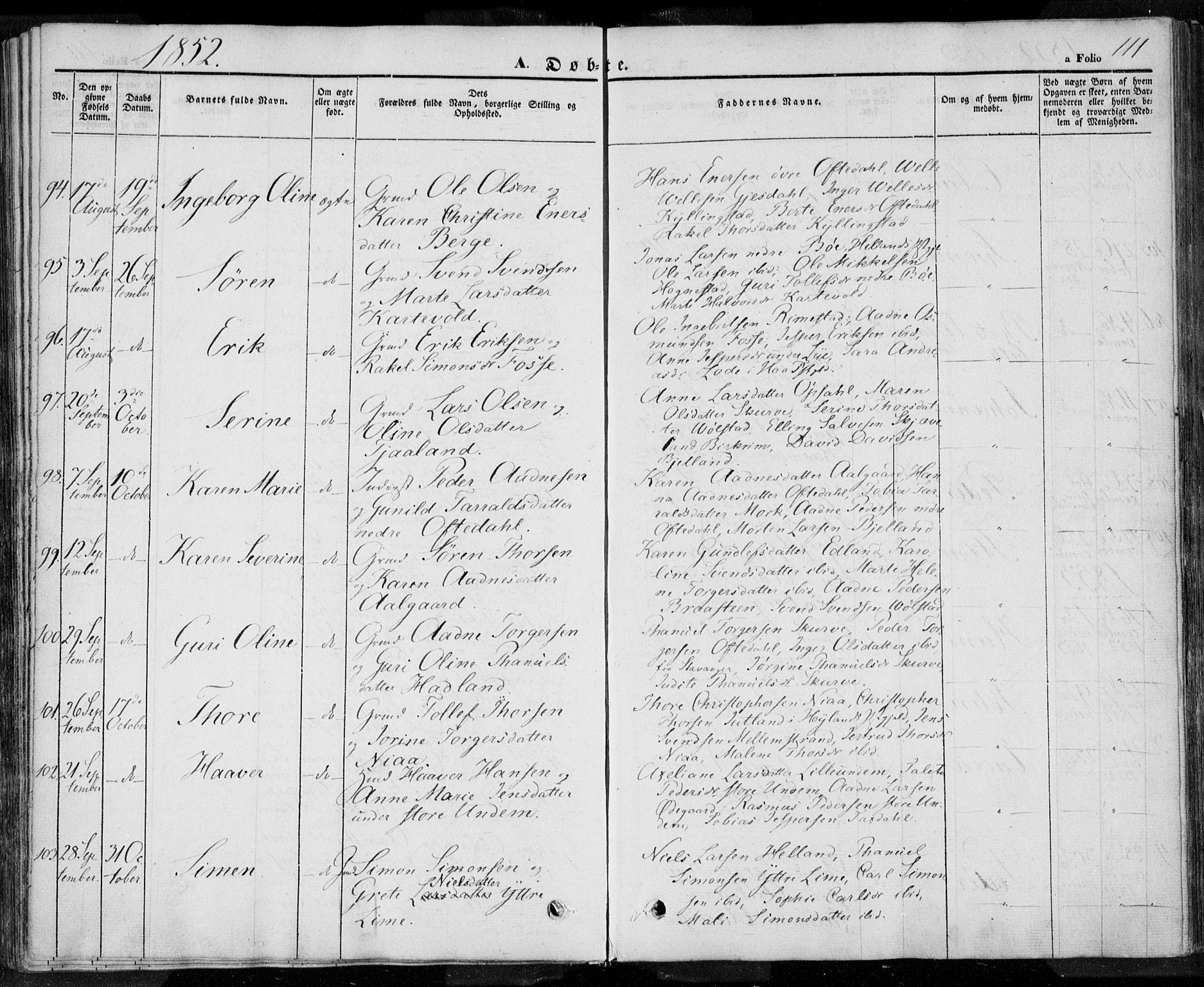 Lye sokneprestkontor, SAST/A-101794/001/30BA/L0005: Parish register (official) no. A 5.1, 1842-1855, p. 111