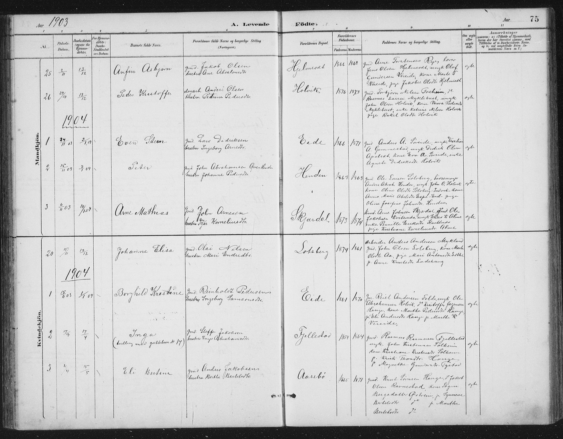 Gloppen sokneprestembete, SAB/A-80101/H/Hab/Habb/L0002: Parish register (copy) no. B 2, 1889-1909, p. 75