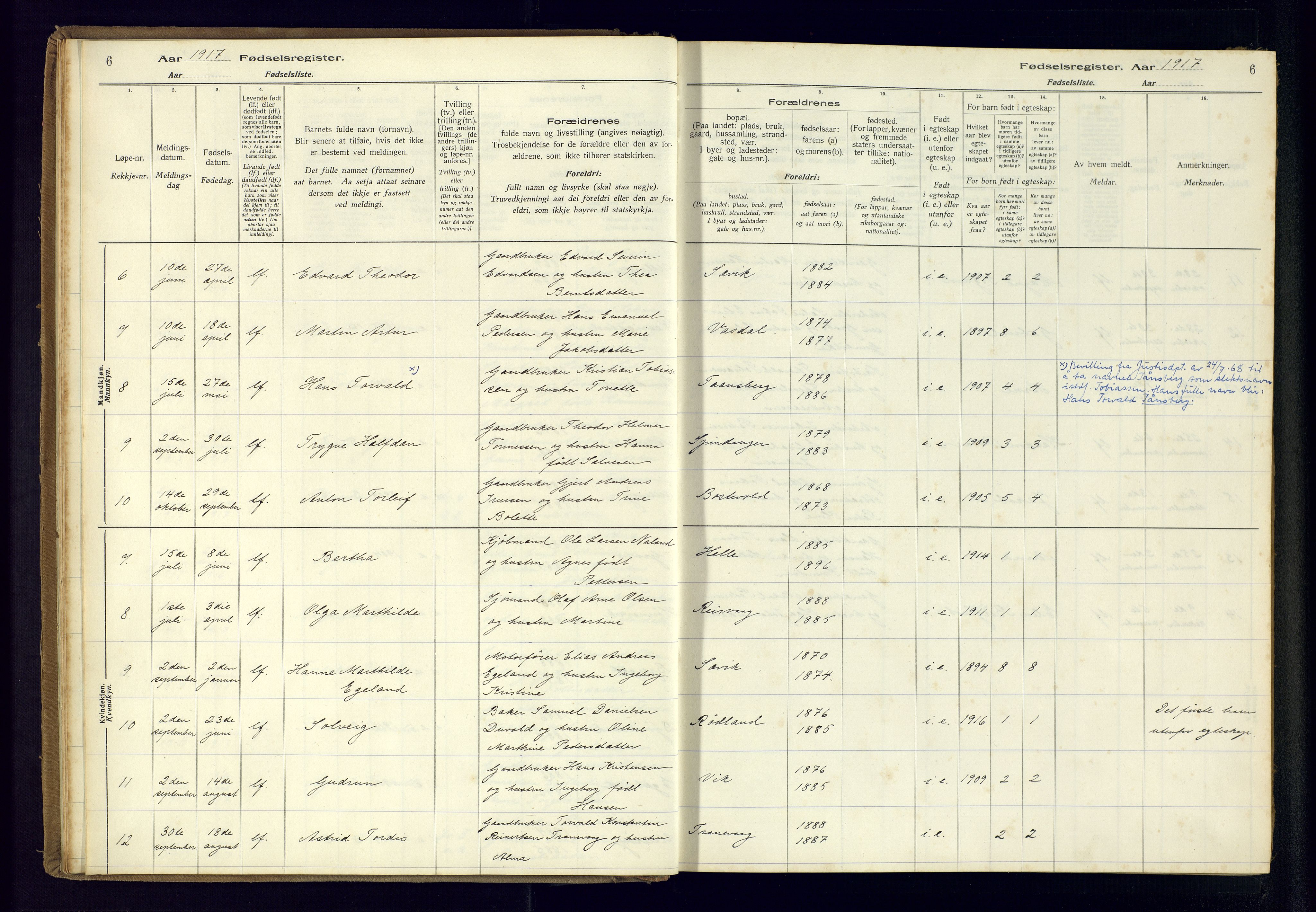 Farsund sokneprestkontor, AV/SAK-1111-0009/J/Ja/L0004: Birth register no. A-VI-11, 1916-1982, p. 6