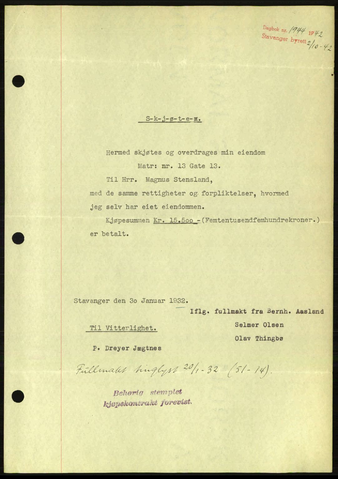 Stavanger byrett, SAST/A-100455/002/G/Gb/L0017: Mortgage book no. A7, 1941-1943, Diary no: : 1944/1942