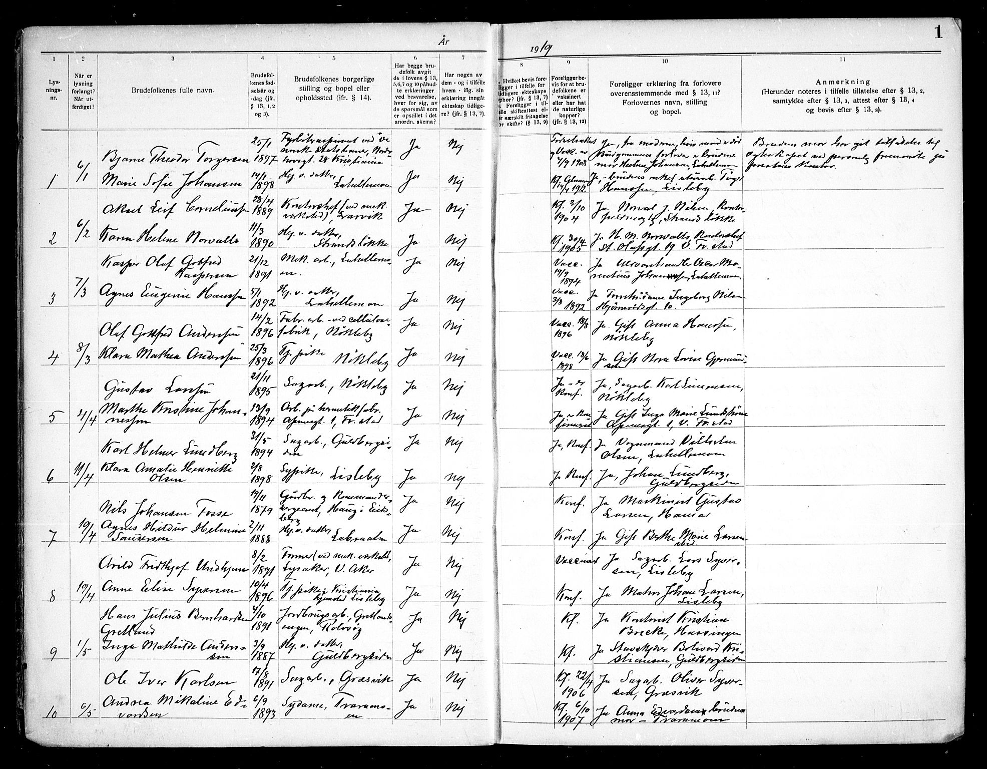 Glemmen prestekontor Kirkebøker, SAO/A-10908/H/Ha/L0002: Banns register no. 2, 1919-1933, p. 1