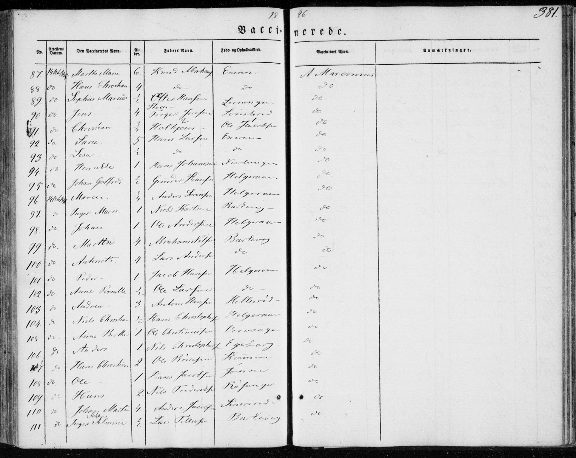 Brunlanes kirkebøker, AV/SAKO-A-342/F/Fa/L0004: Parish register (official) no. I 4, 1846-1862, p. 381