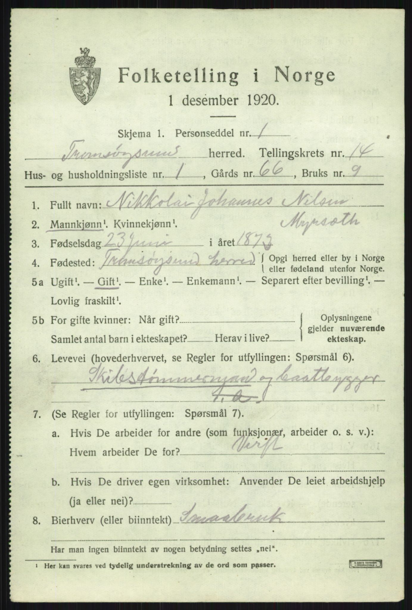 SATØ, 1920 census for Tromsøysund, 1920, p. 8500