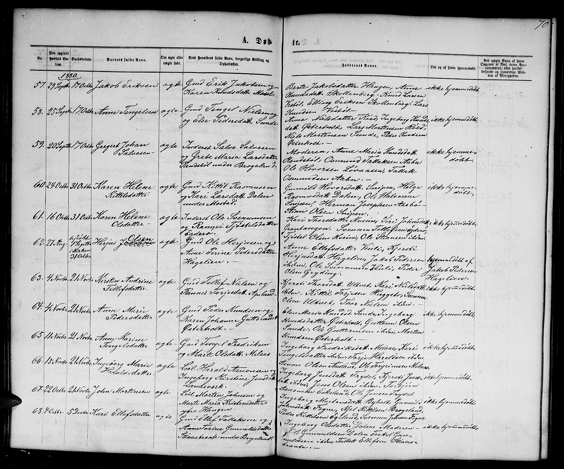 Gjerstad sokneprestkontor, SAK/1111-0014/F/Fb/Fba/L0006: Parish register (copy) no. B 6, 1868-1890, p. 70