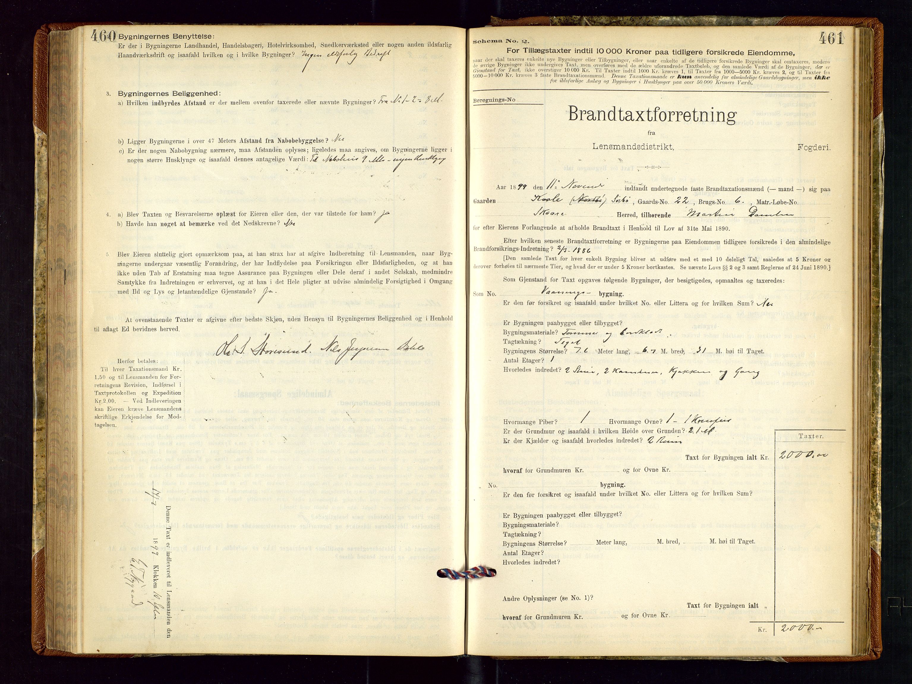 Torvestad lensmannskontor, SAST/A-100307/1/Gob/L0001: "Brandtaxationsprotokol for Torvestad Lensmannsdistrikt", 1895-1904, p. 460-461