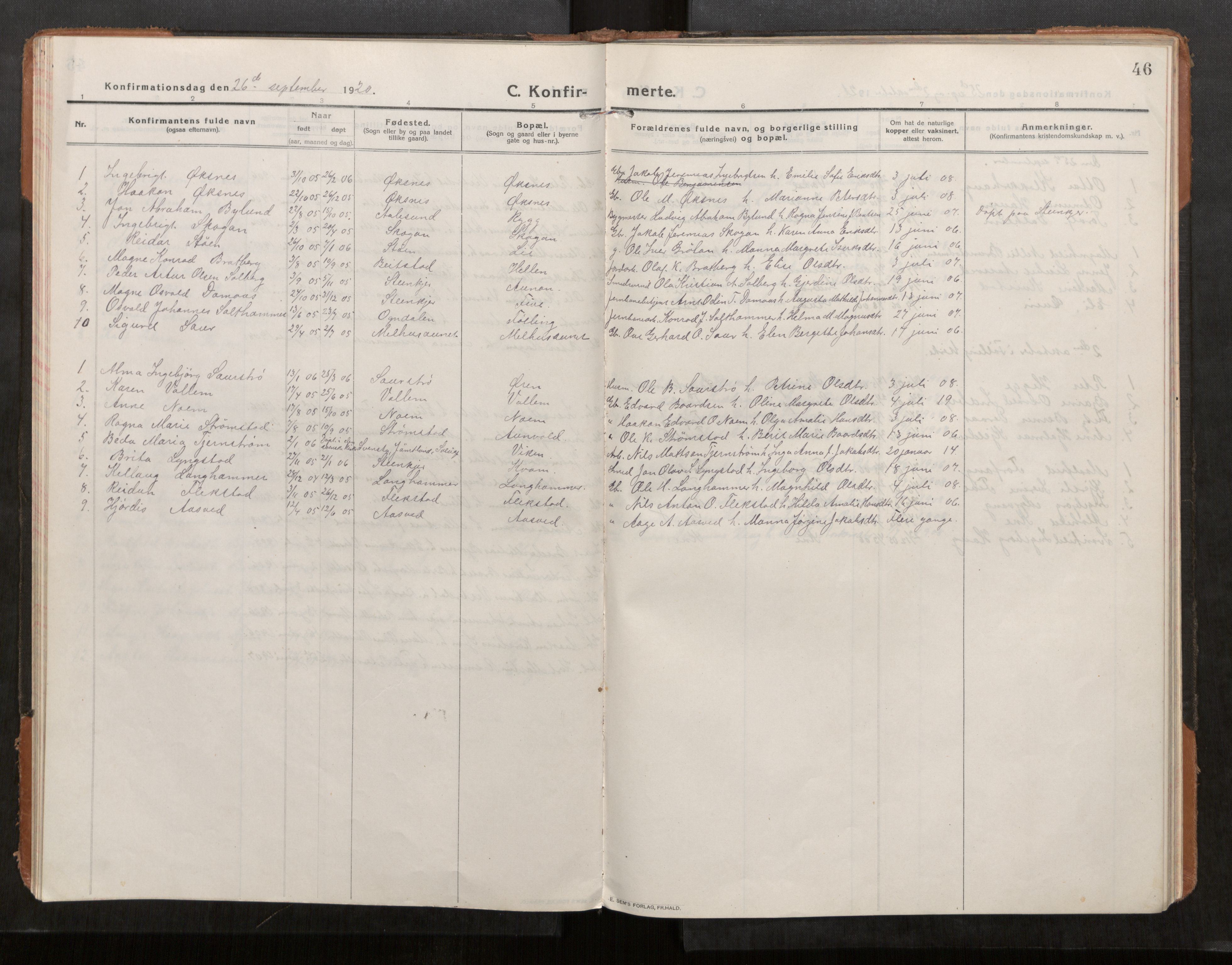 Stod sokneprestkontor, SAT/A-1164/1/I/I1/I1a/L0004: Parish register (official) no. 4, 1913-1933, p. 46