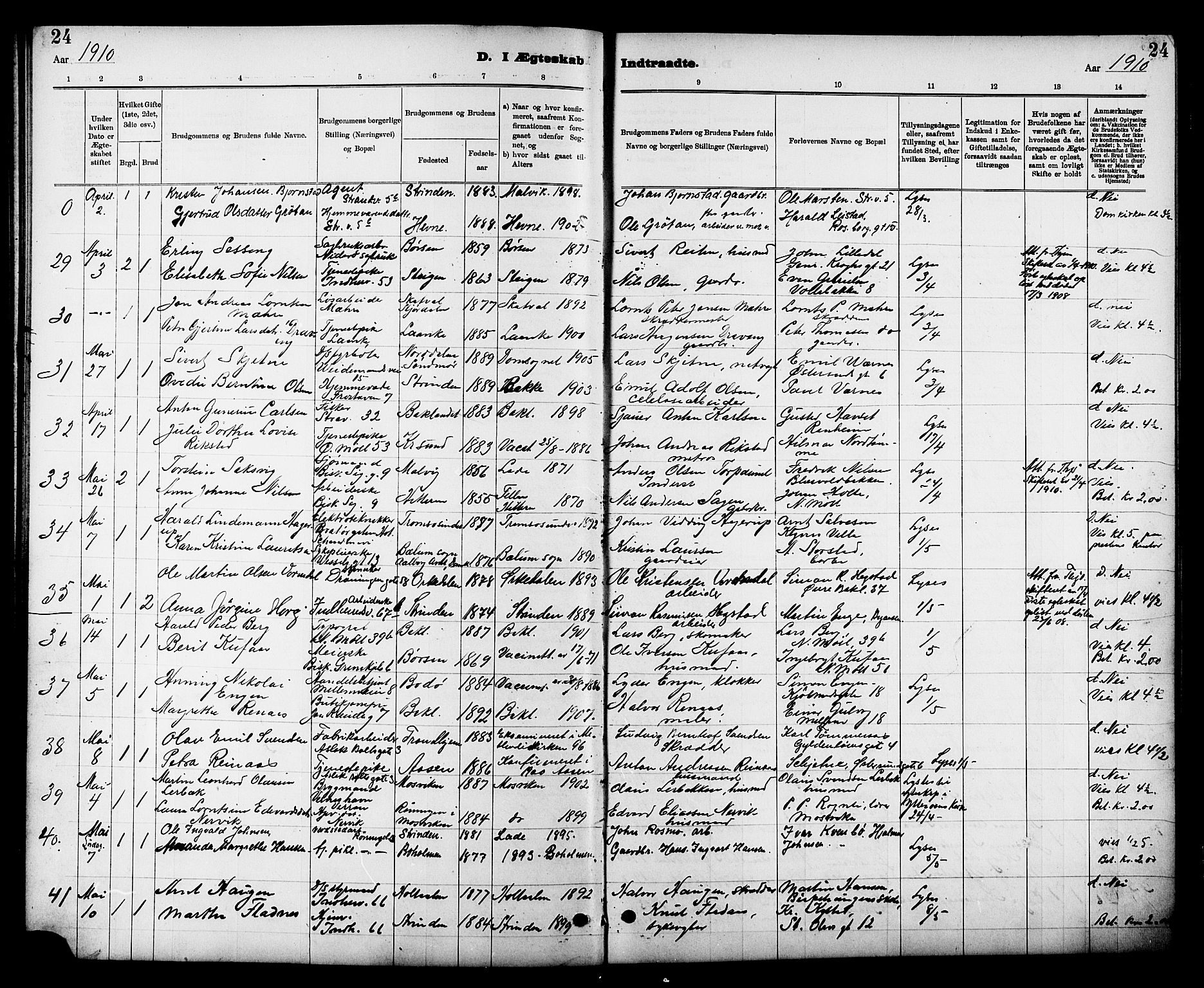 Ministerialprotokoller, klokkerbøker og fødselsregistre - Sør-Trøndelag, SAT/A-1456/605/L0255: Parish register (copy) no. 605C02, 1908-1918, p. 24