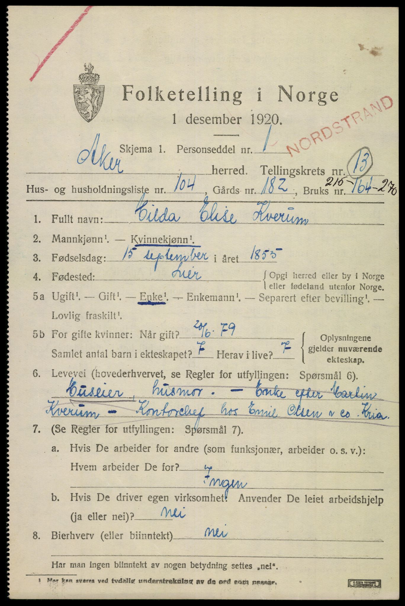 SAO, 1920 census for Aker, 1920, p. 79910