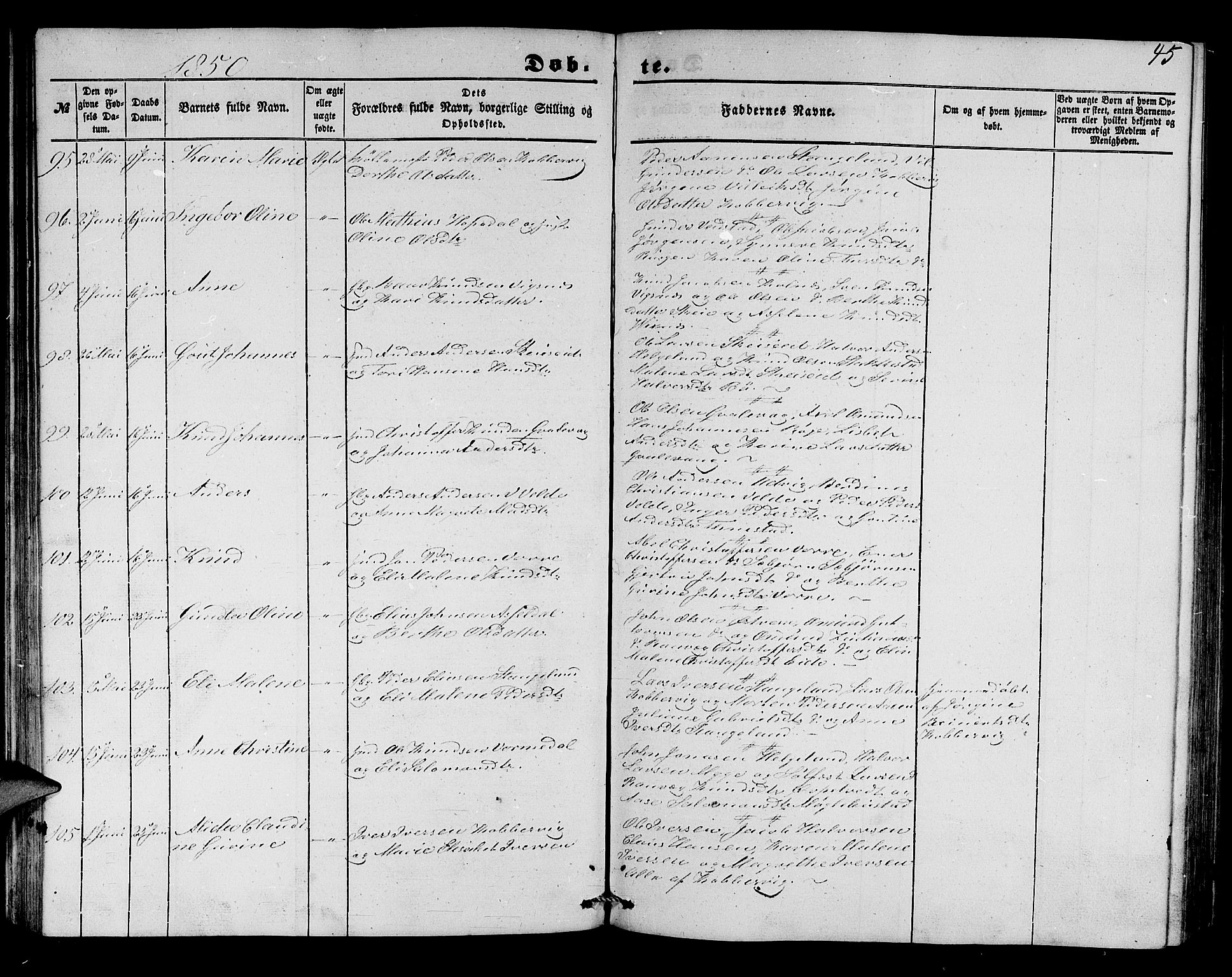 Avaldsnes sokneprestkontor, AV/SAST-A -101851/H/Ha/Hab/L0002: Parish register (copy) no. B 2, 1848-1856, p. 45