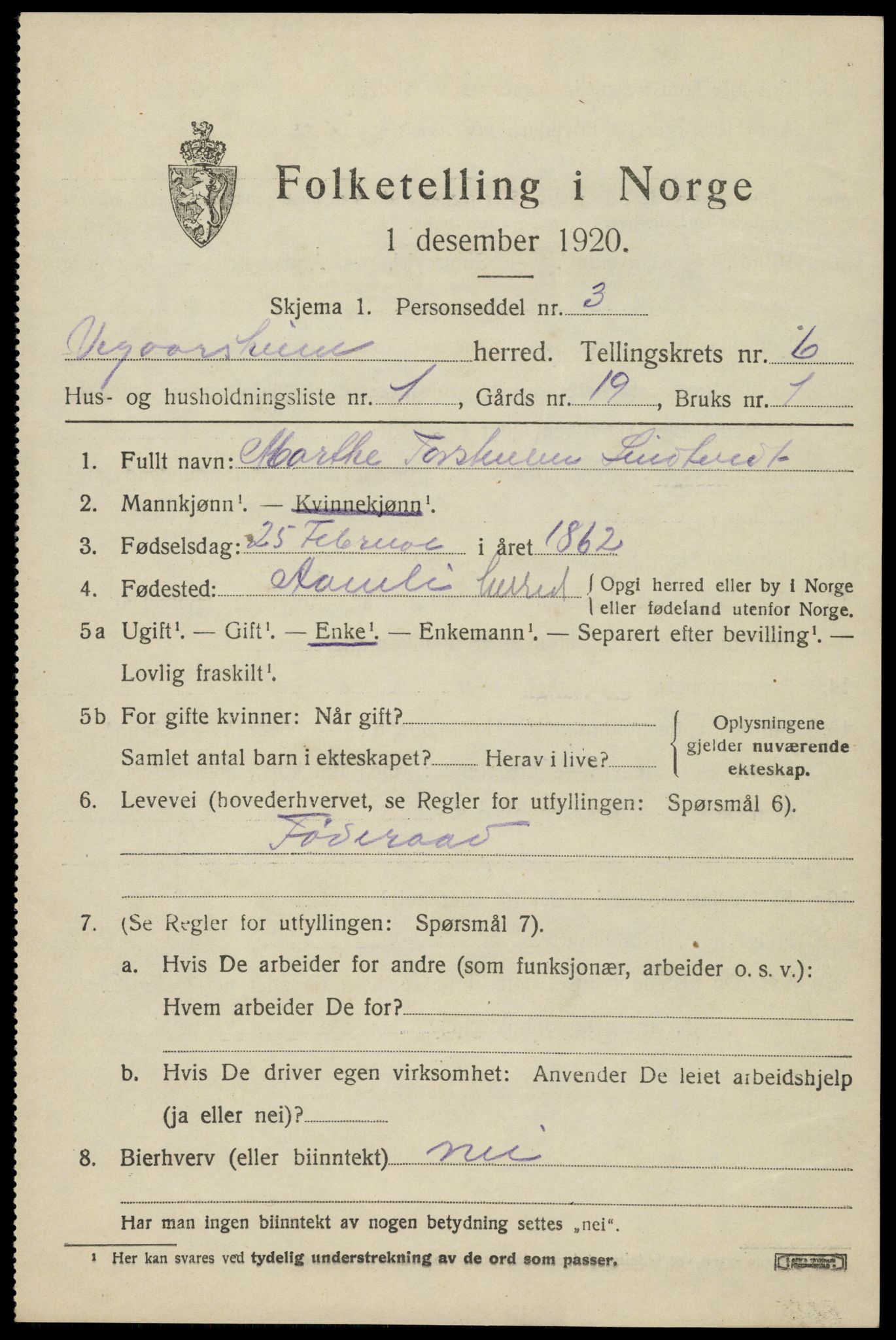 SAK, 1920 census for Vegårshei, 1920, p. 2172