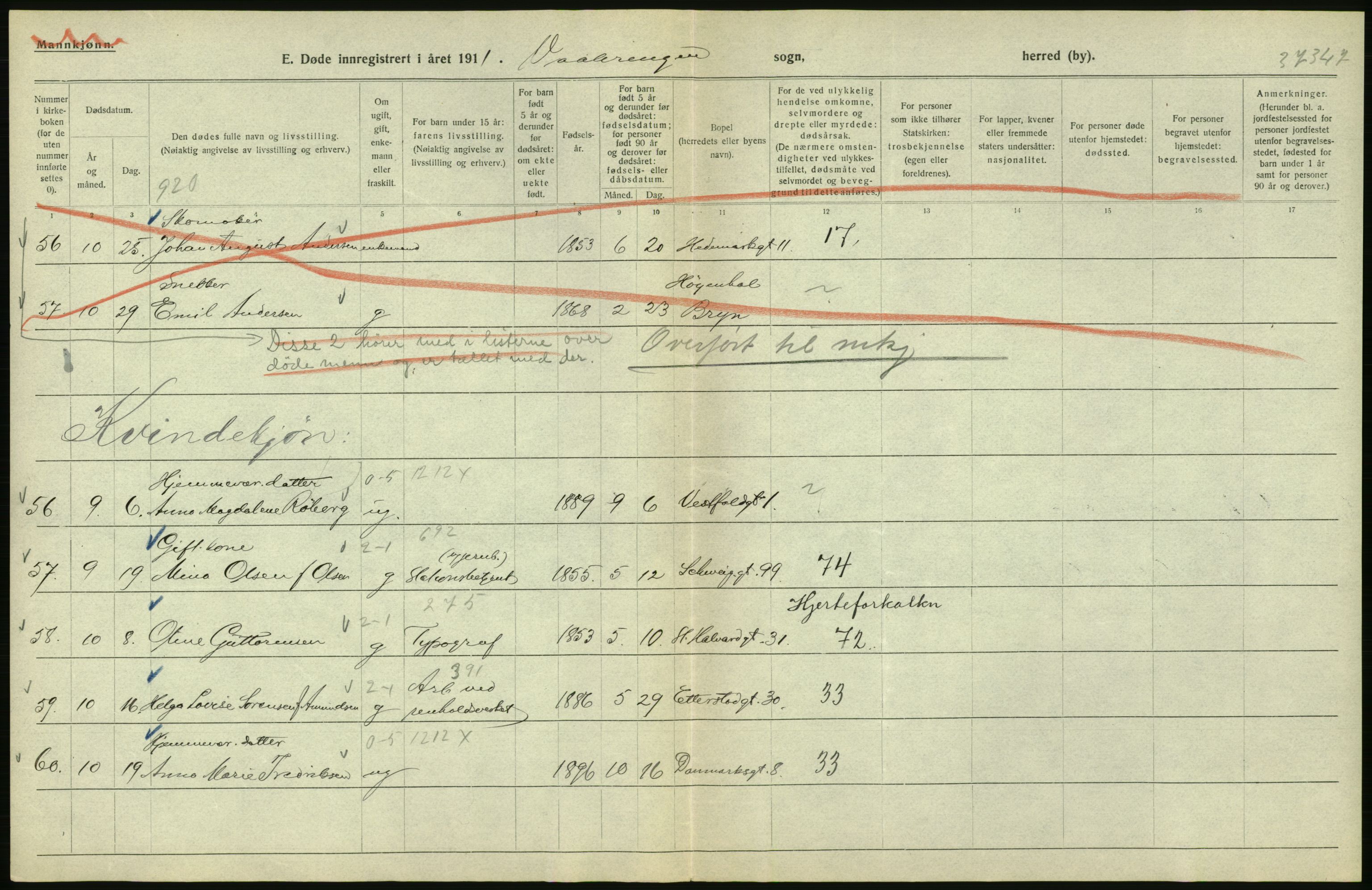 Statistisk sentralbyrå, Sosiodemografiske emner, Befolkning, RA/S-2228/D/Df/Dfb/Dfbi/L0010: Kristiania: Døde, 1919, p. 424