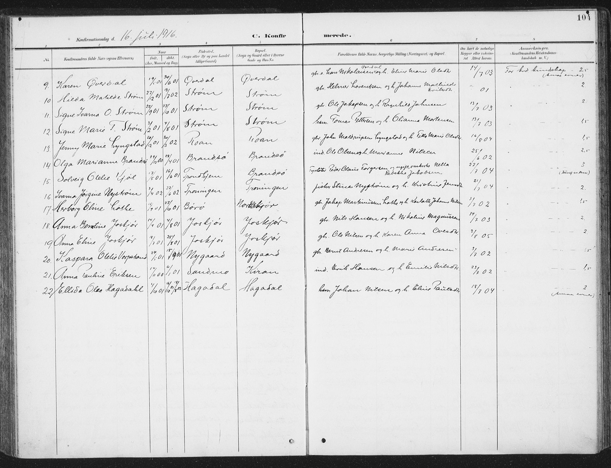 Ministerialprotokoller, klokkerbøker og fødselsregistre - Sør-Trøndelag, SAT/A-1456/657/L0709: Parish register (official) no. 657A10, 1905-1919, p. 104