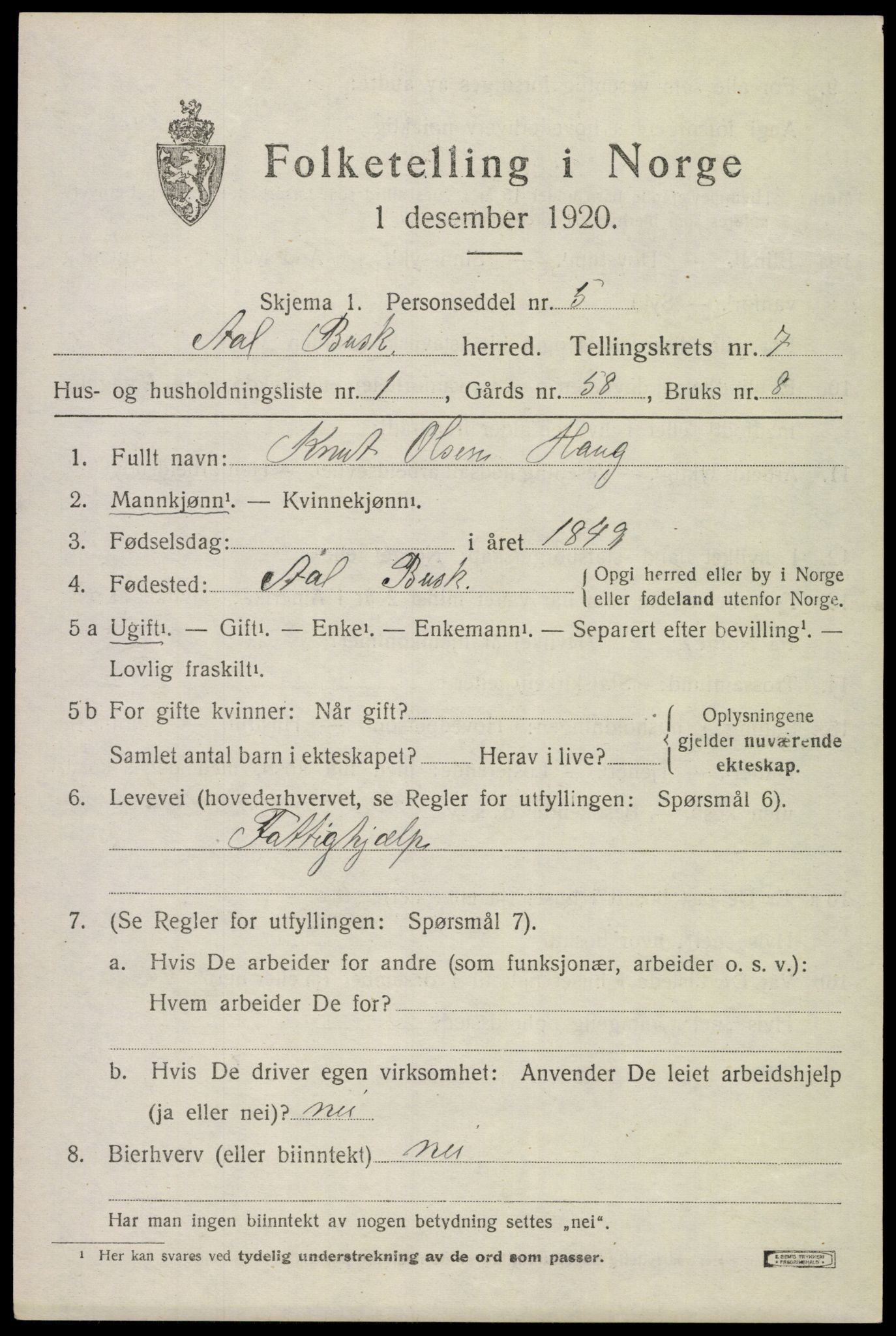 SAKO, 1920 census for Ål, 1920, p. 4798