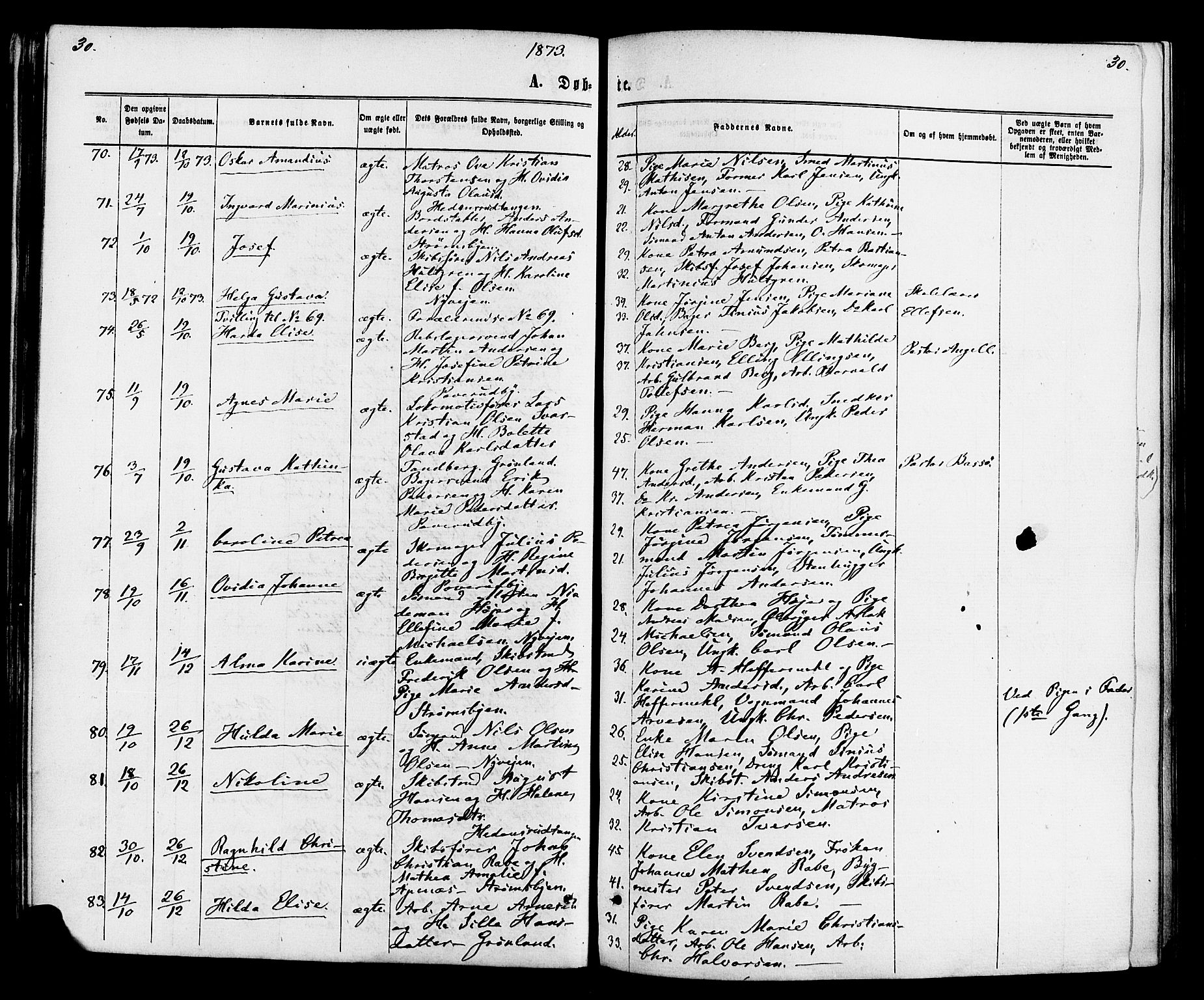 Strømsø kirkebøker, AV/SAKO-A-246/F/Fa/L0020: Parish register (official) no. I 20, 1870-1878, p. 30