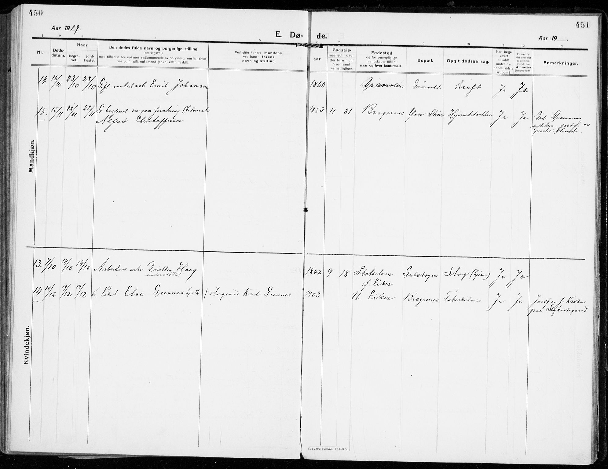 Strømsgodset kirkebøker, SAKO/A-324/F/Fa/L0002: Parish register (official) no. 2, 1910-1920, p. 450-451