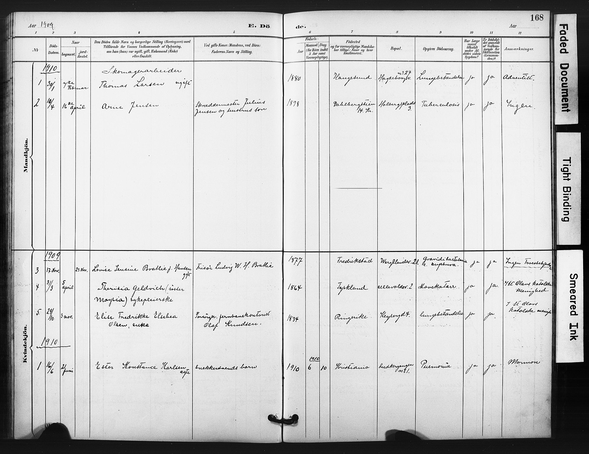 Trefoldighet prestekontor Kirkebøker, AV/SAO-A-10882/F/Fg/L0001: Parish register (official) no. VII 1, 1892-1923, p. 168