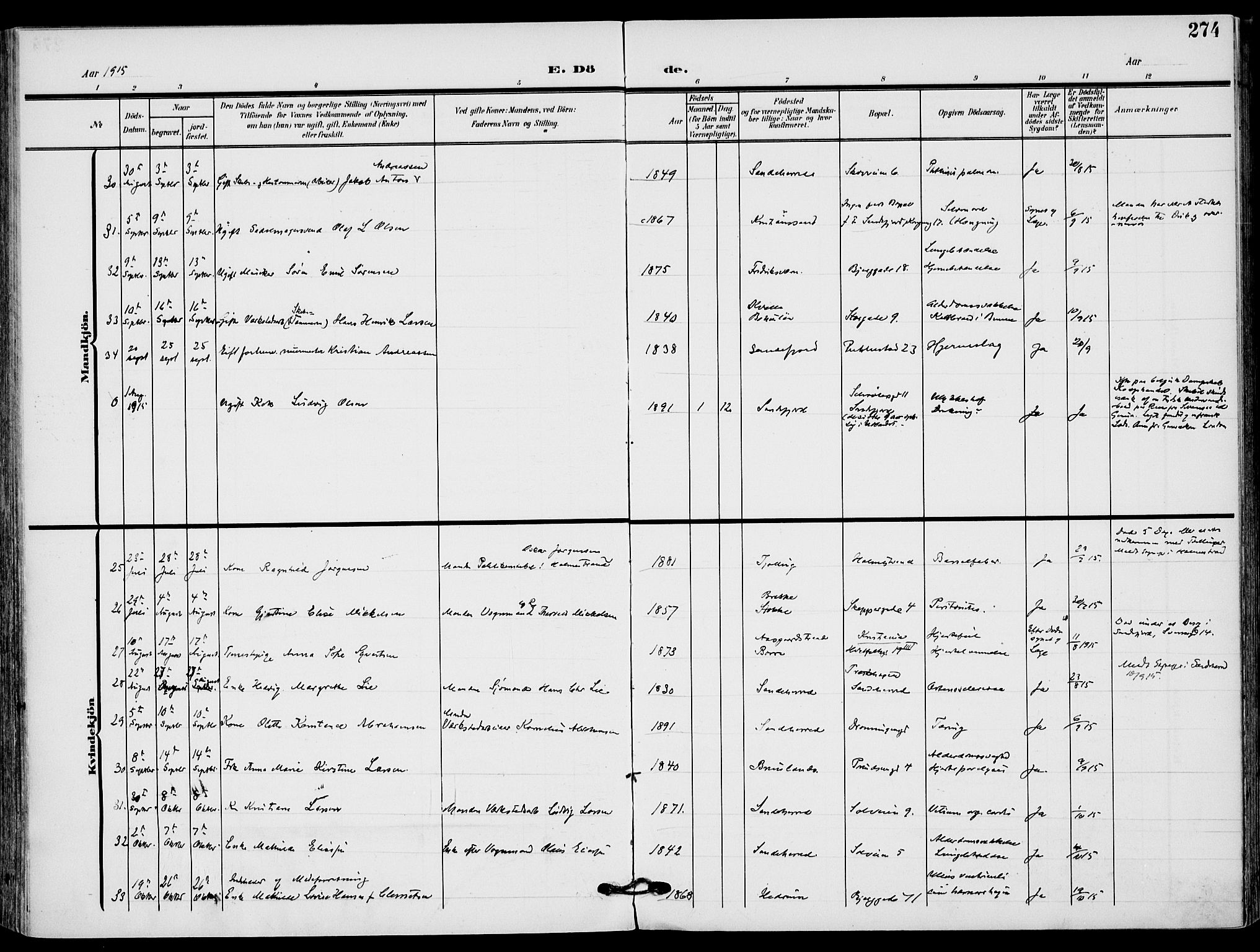 Sandefjord kirkebøker, AV/SAKO-A-315/F/Fa/L0005: Parish register (official) no. 5, 1906-1915, p. 274