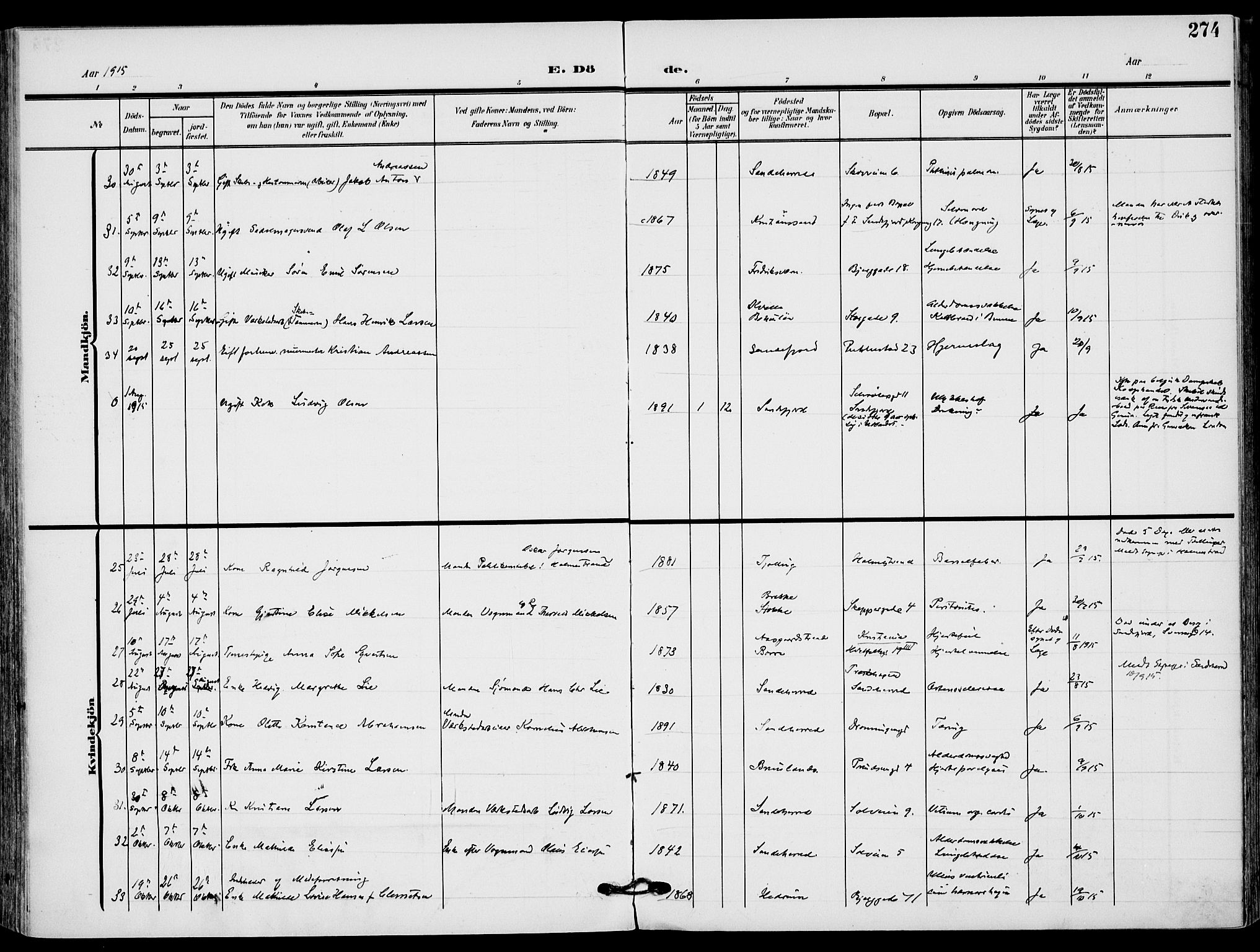 Sandefjord kirkebøker, AV/SAKO-A-315/F/Fa/L0005: Parish register (official) no. 5, 1906-1915, p. 274