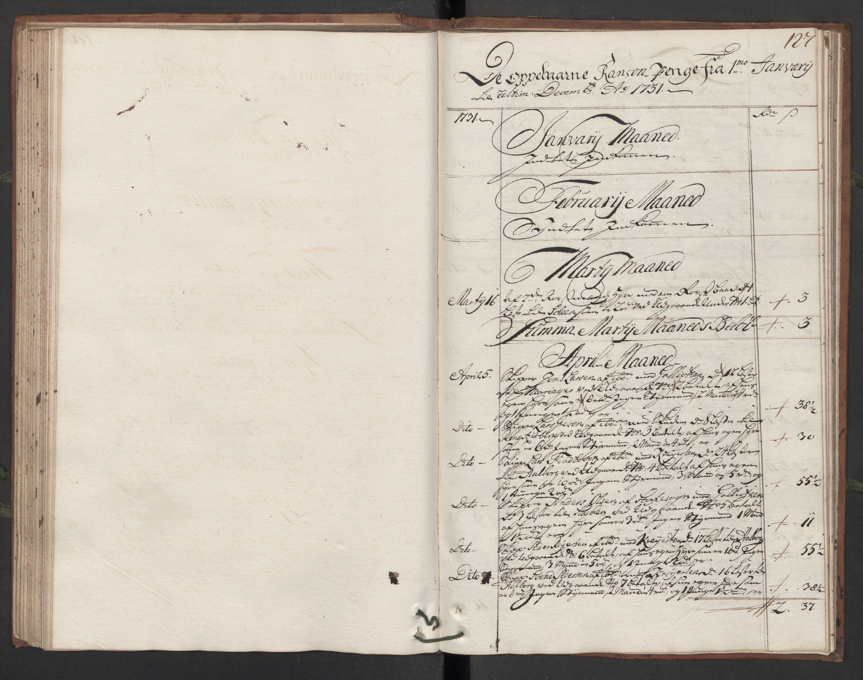 Generaltollkammeret, tollregnskaper, AV/RA-EA-5490/R13/L0006/0001: Tollregnskaper Kragerø / Hovedtollbok, 1731, p. 126b-127a