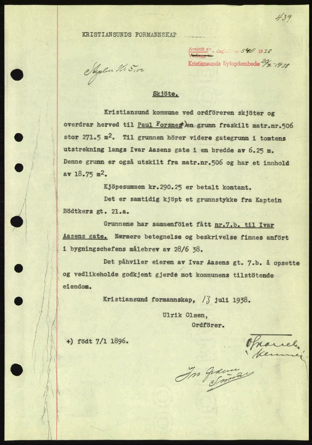 Kristiansund byfogd, AV/SAT-A-4587/A/27: Mortgage book no. 30, 1936-1941, Diary no: : 540/1938