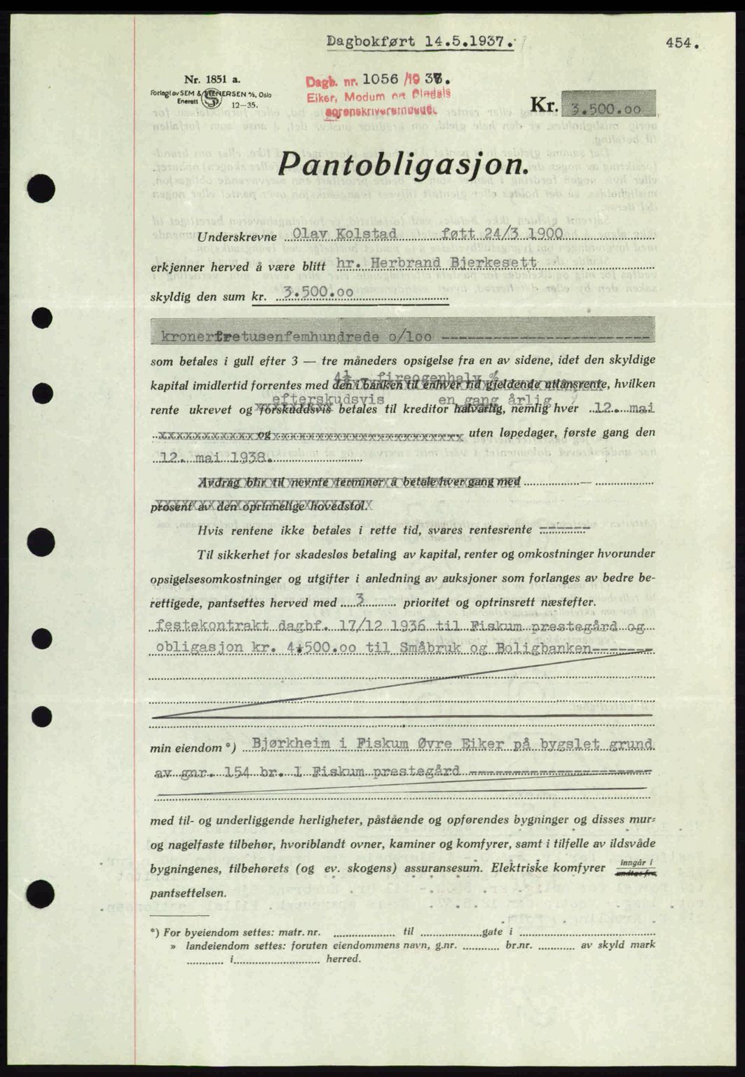 Eiker, Modum og Sigdal sorenskriveri, SAKO/A-123/G/Ga/Gab/L0035: Mortgage book no. A5, 1937-1937, Diary no: : 1056/1937