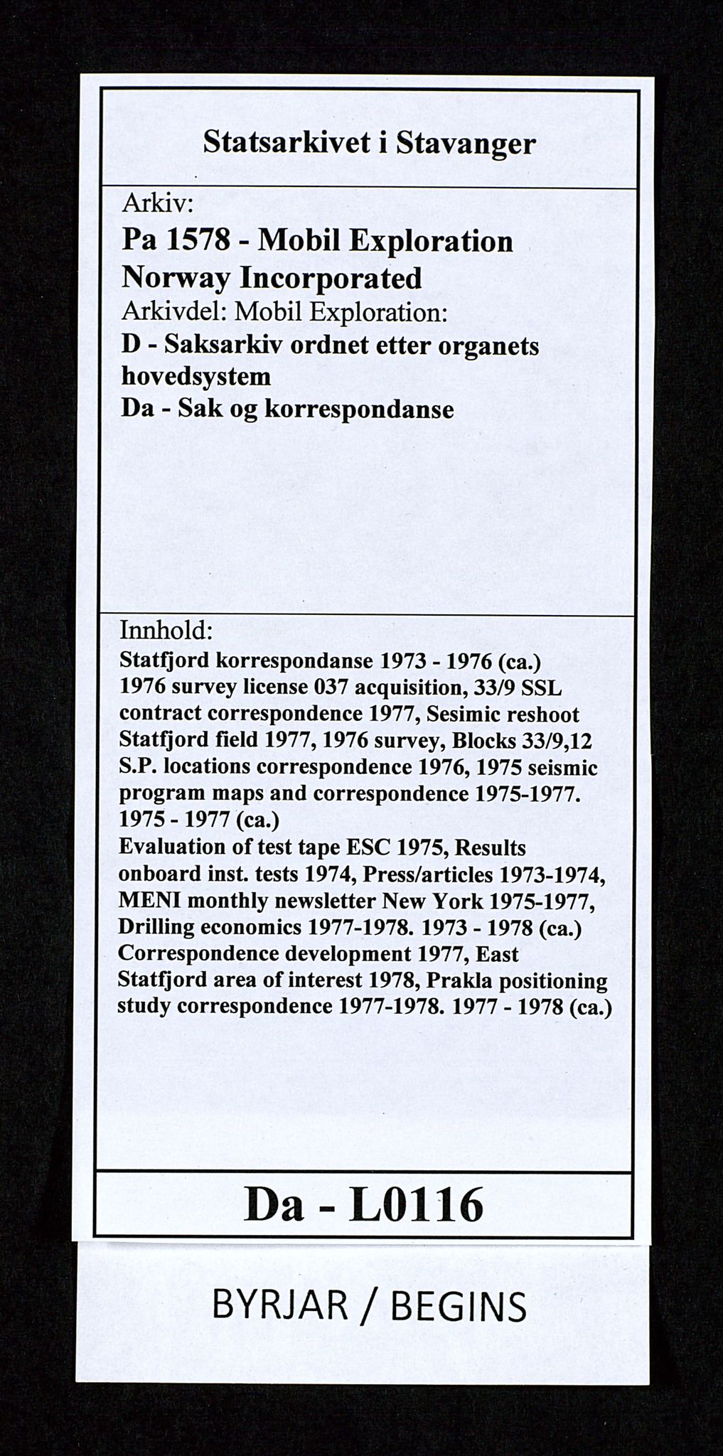 Pa 1578 - Mobil Exploration Norway Incorporated, SAST/A-102024/4/D/Da/L0116: S.E. Smith - Sak og korrespondanse, 1973-1976, p. 1