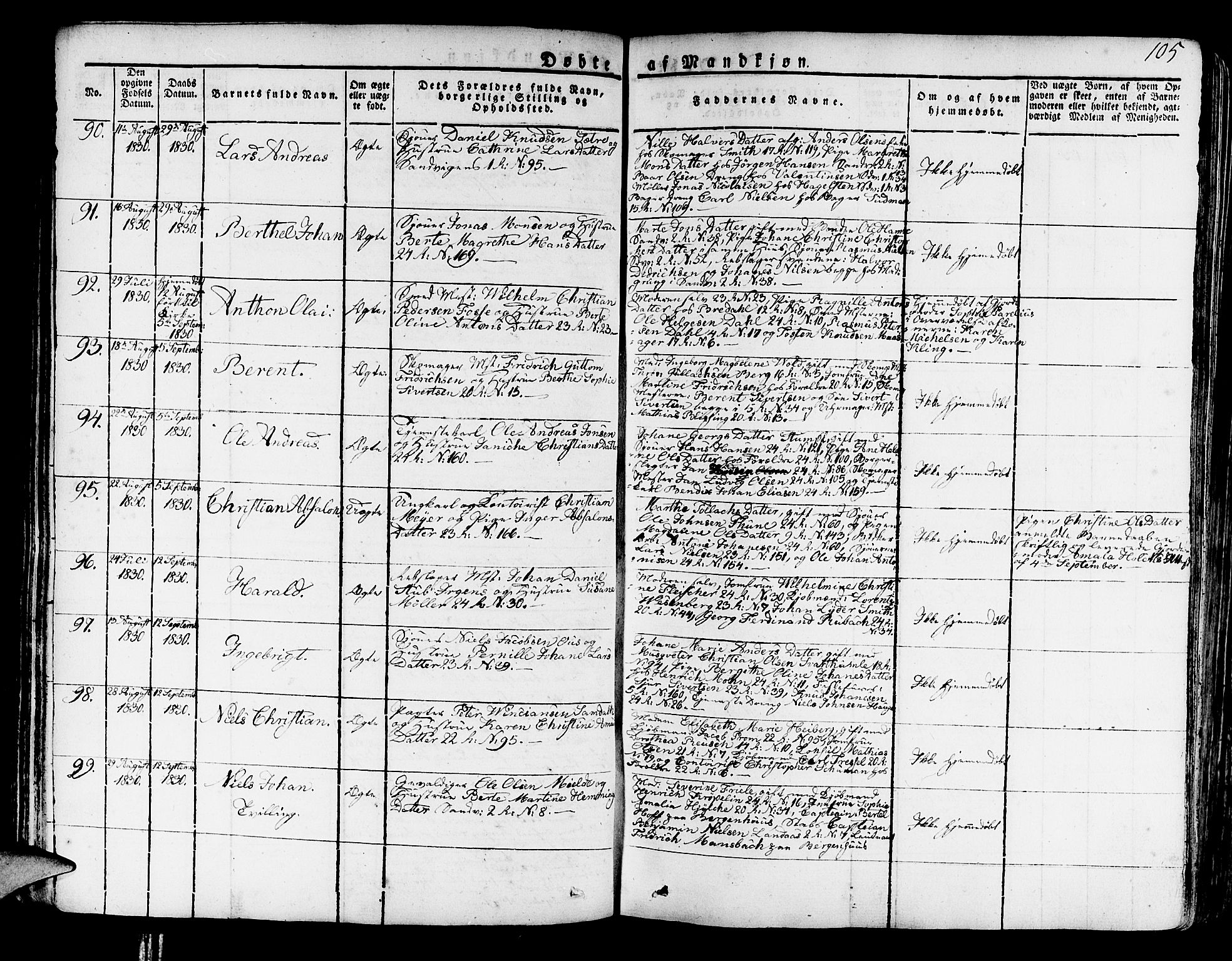 Korskirken sokneprestembete, AV/SAB-A-76101/H/Haa/L0014: Parish register (official) no. A 14, 1823-1835, p. 105