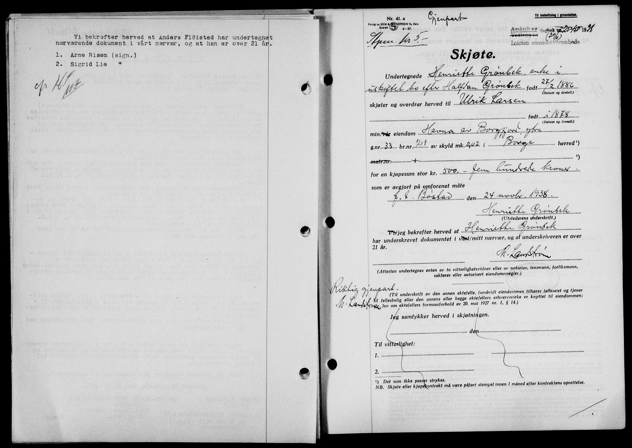 Lofoten sorenskriveri, SAT/A-0017/1/2/2C/L0004a: Mortgage book no. 4a, 1938-1938, Diary no: : 2545/1938