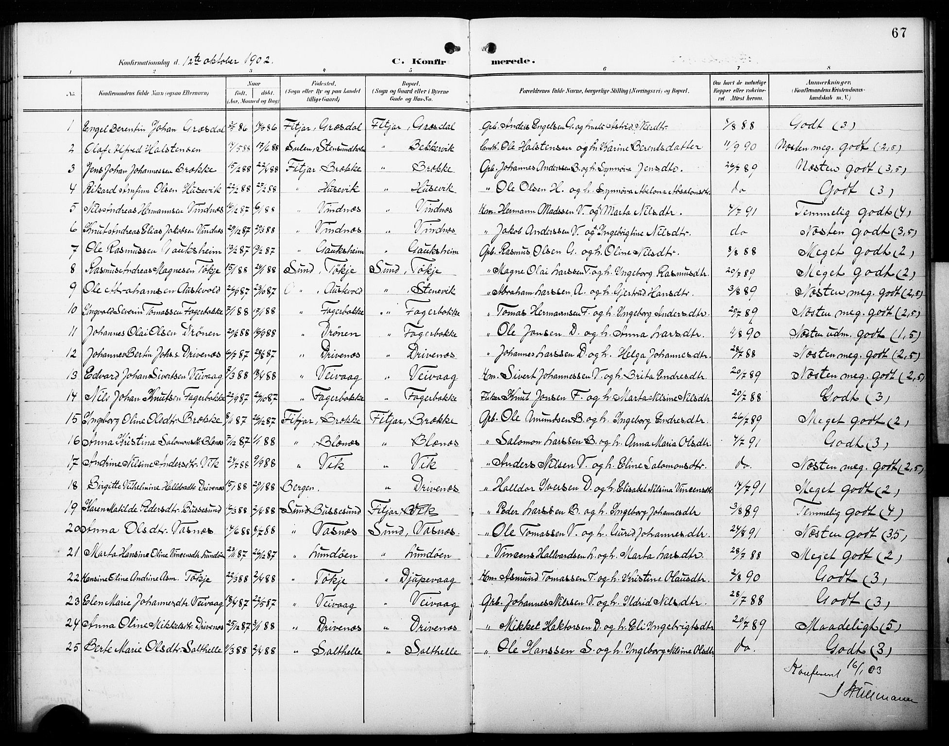 Fitjar sokneprestembete, AV/SAB-A-99926: Parish register (copy) no. C 1, 1900-1928, p. 67