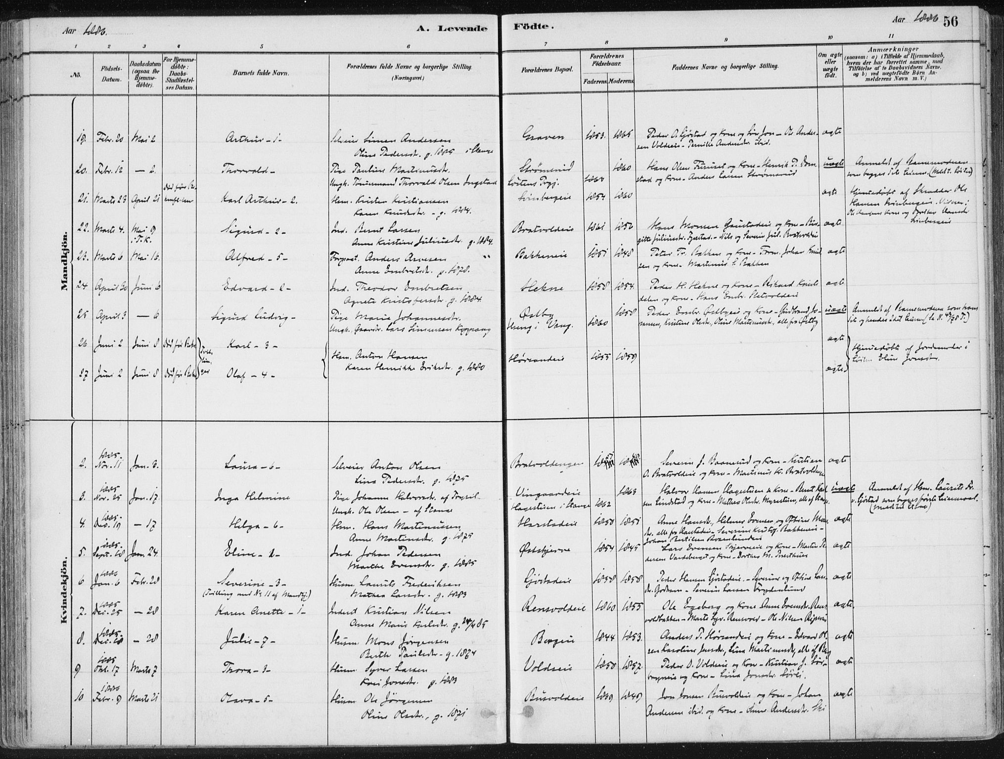 Romedal prestekontor, AV/SAH-PREST-004/K/L0010: Parish register (official) no. 10, 1880-1895, p. 56