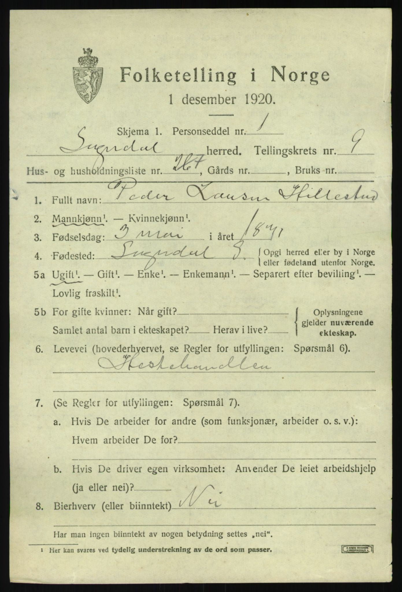 SAB, 1920 census for Sogndal, 1920, p. 4493