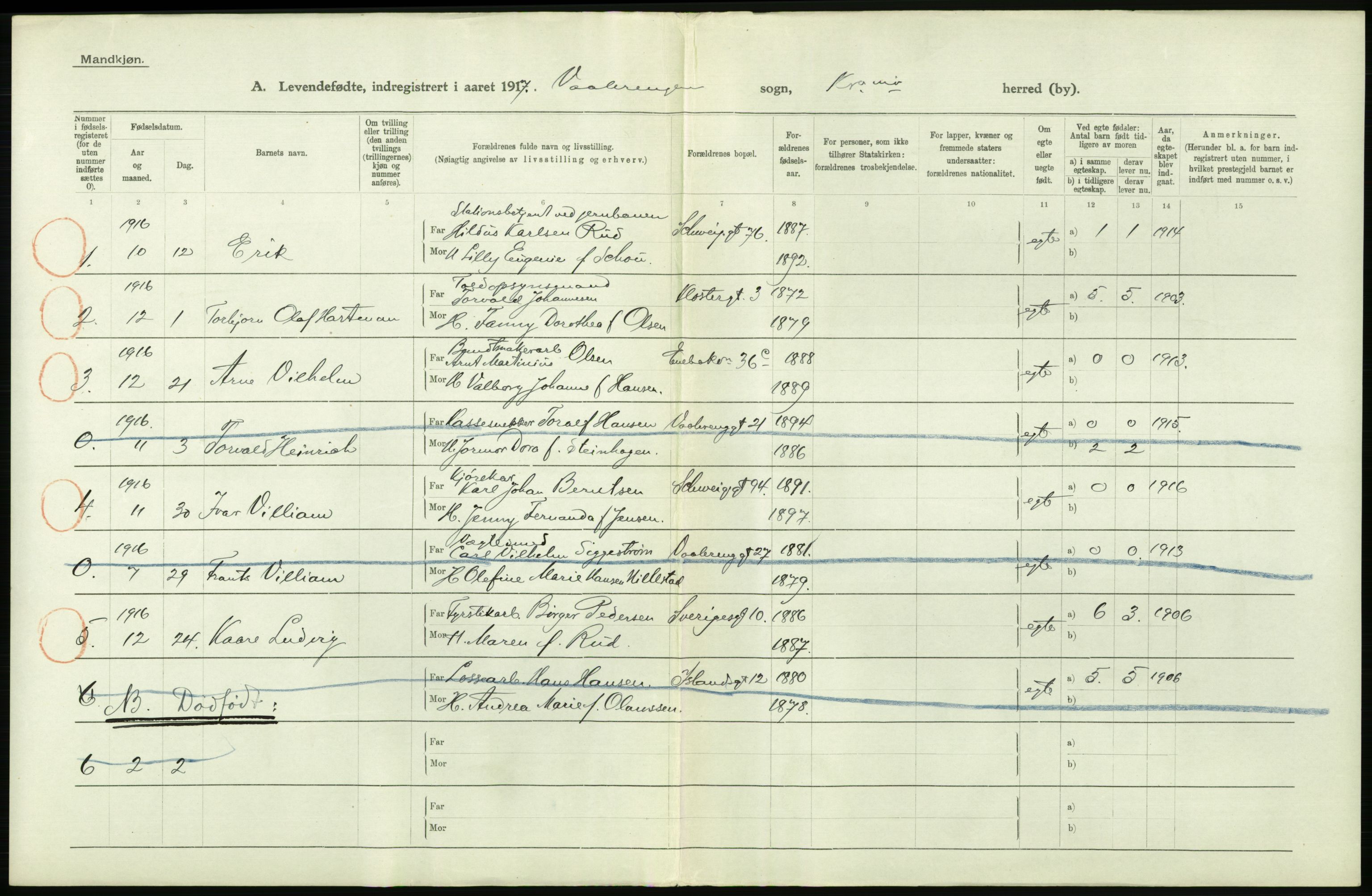 Statistisk sentralbyrå, Sosiodemografiske emner, Befolkning, AV/RA-S-2228/D/Df/Dfb/Dfbg/L0006: Kristiania: Levendefødte menn og kvinner., 1917, p. 314