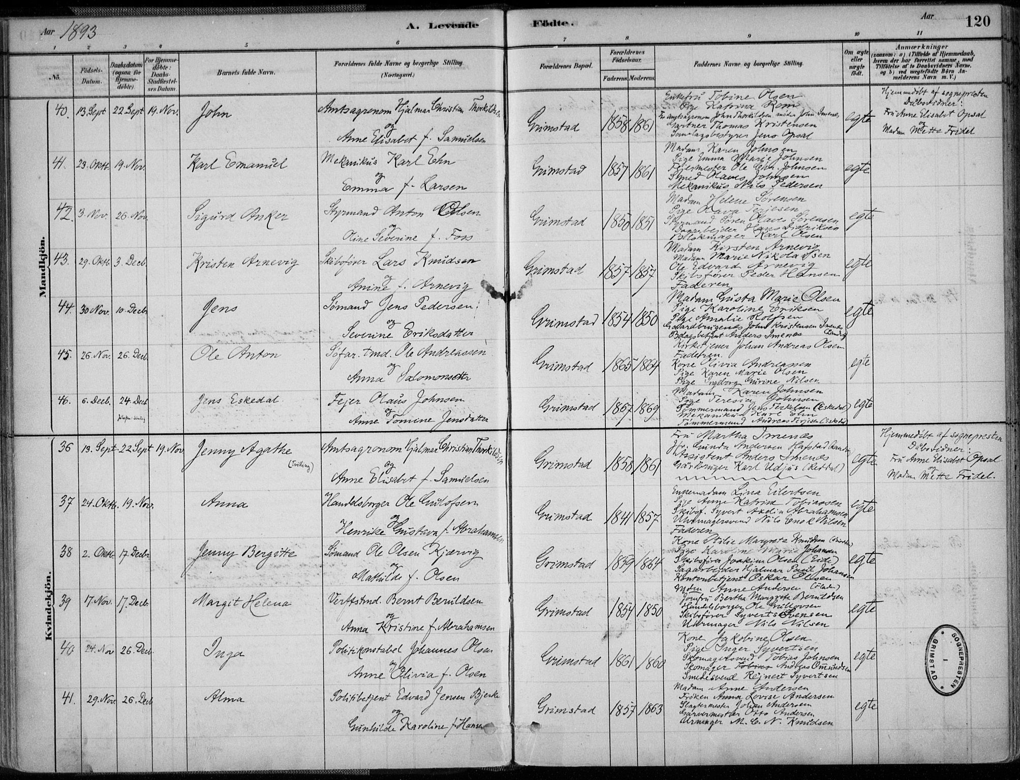 Grimstad sokneprestkontor, AV/SAK-1111-0017/F/Fa/L0003: Parish register (official) no. A 2, 1882-1912, p. 120