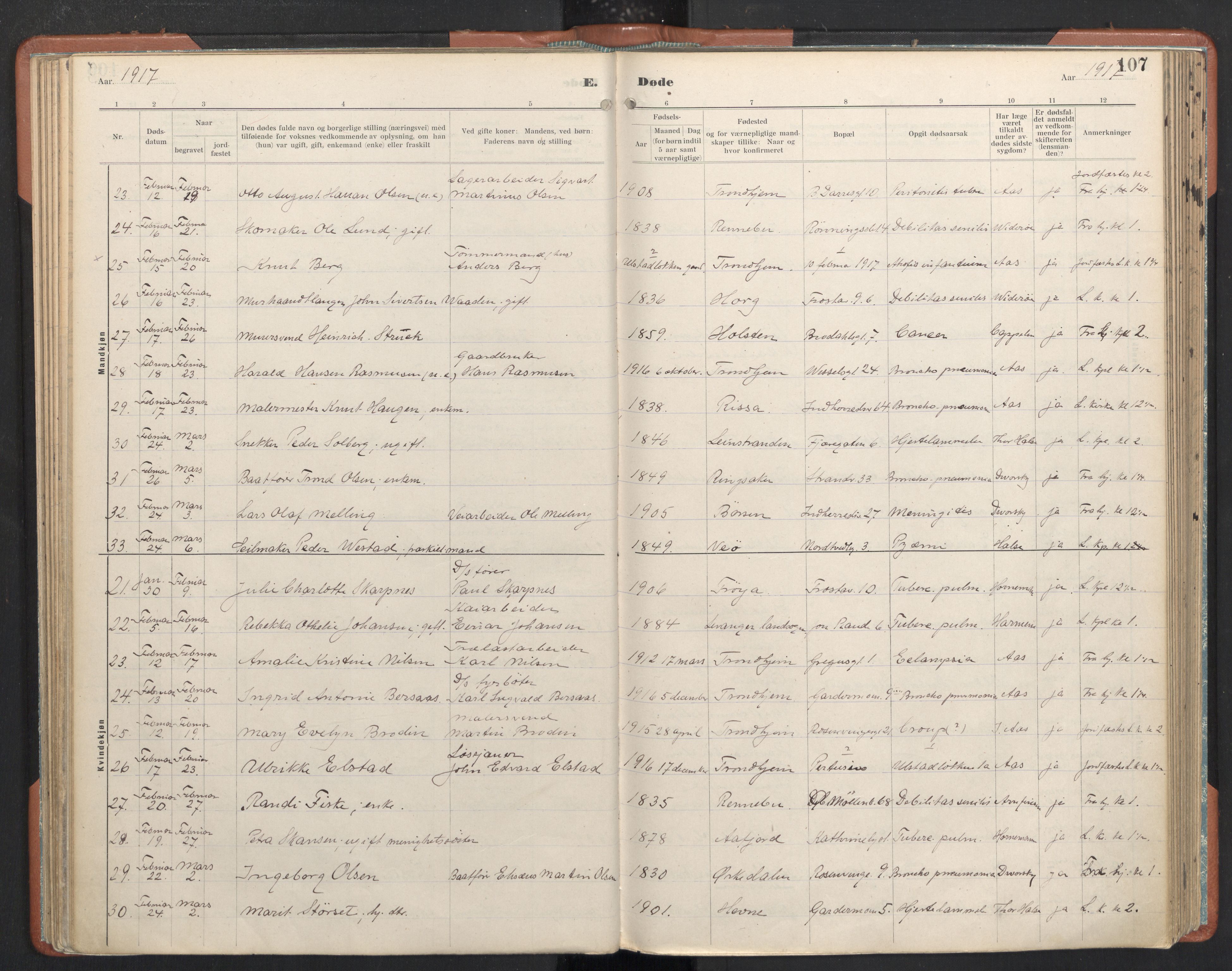 Ministerialprotokoller, klokkerbøker og fødselsregistre - Sør-Trøndelag, AV/SAT-A-1456/605/L0245: Parish register (official) no. 605A07, 1916-1938, p. 107