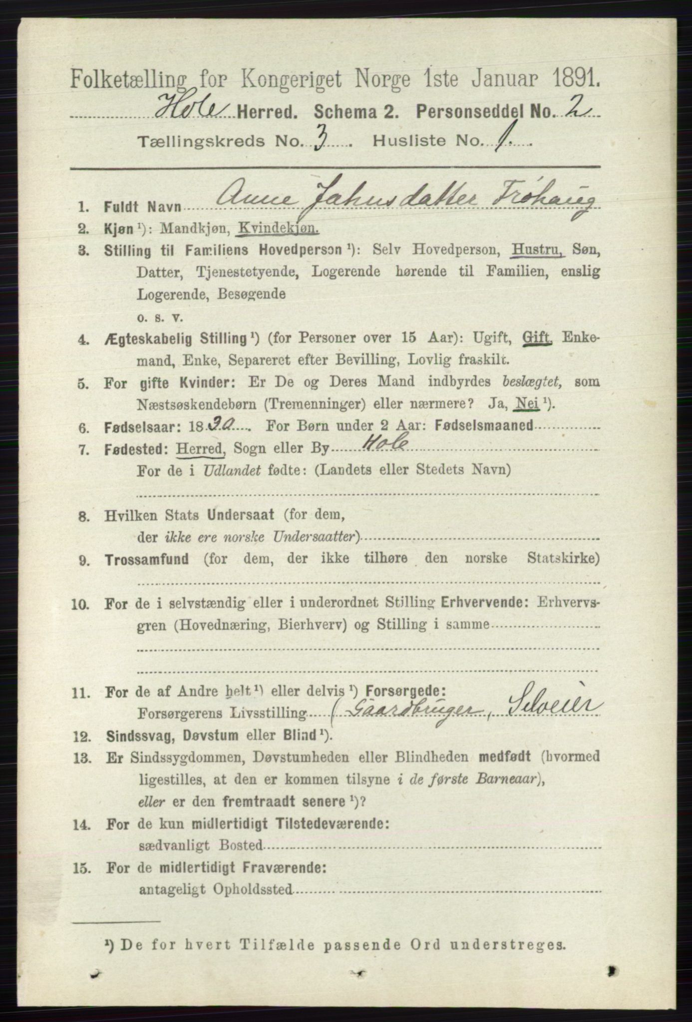 RA, 1891 census for 0612 Hole, 1891, p. 1223