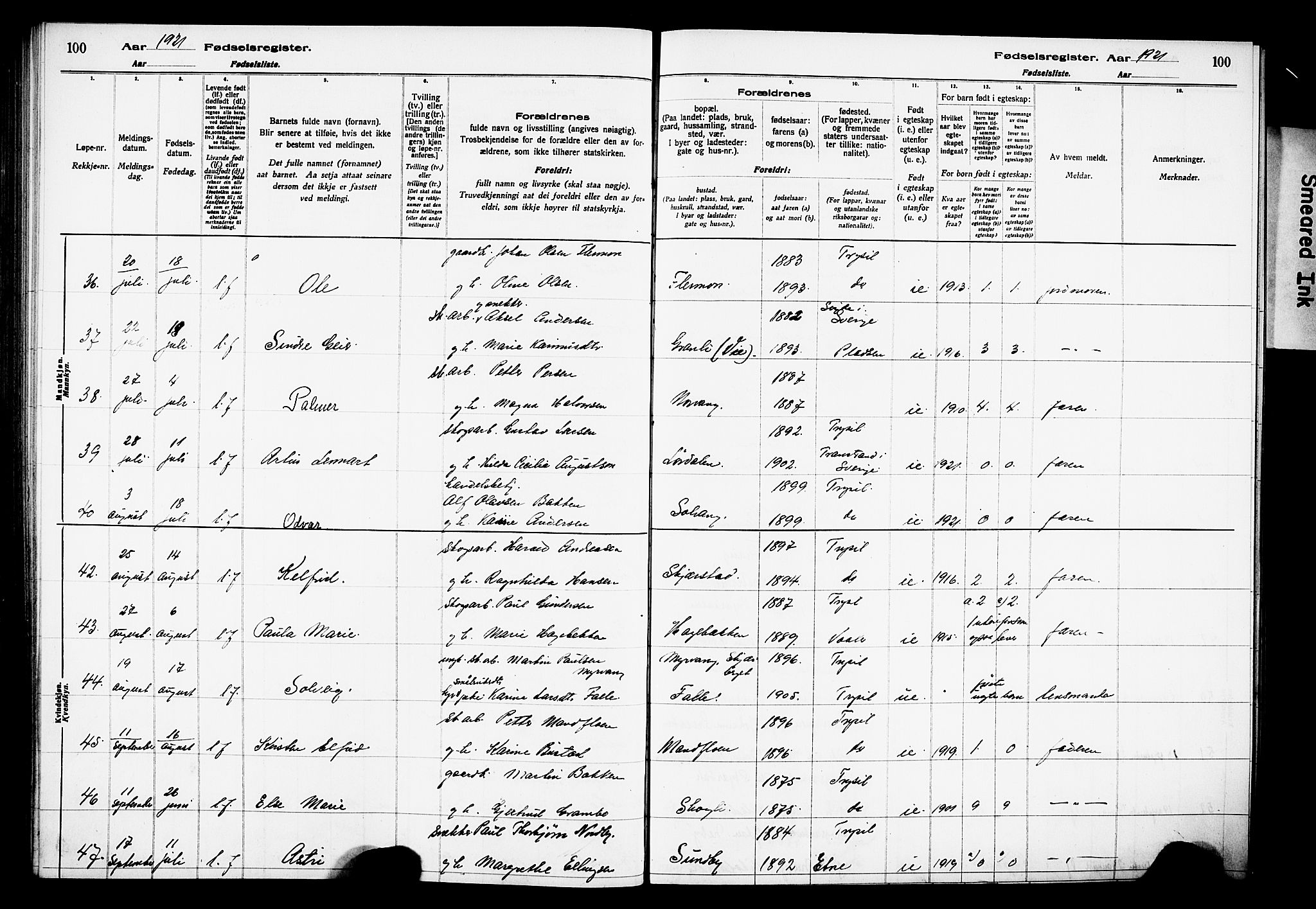 Trysil prestekontor, AV/SAH-PREST-046/I/Id/Ida/L0001: Birth register no. I 1, 1916-1927, p. 100