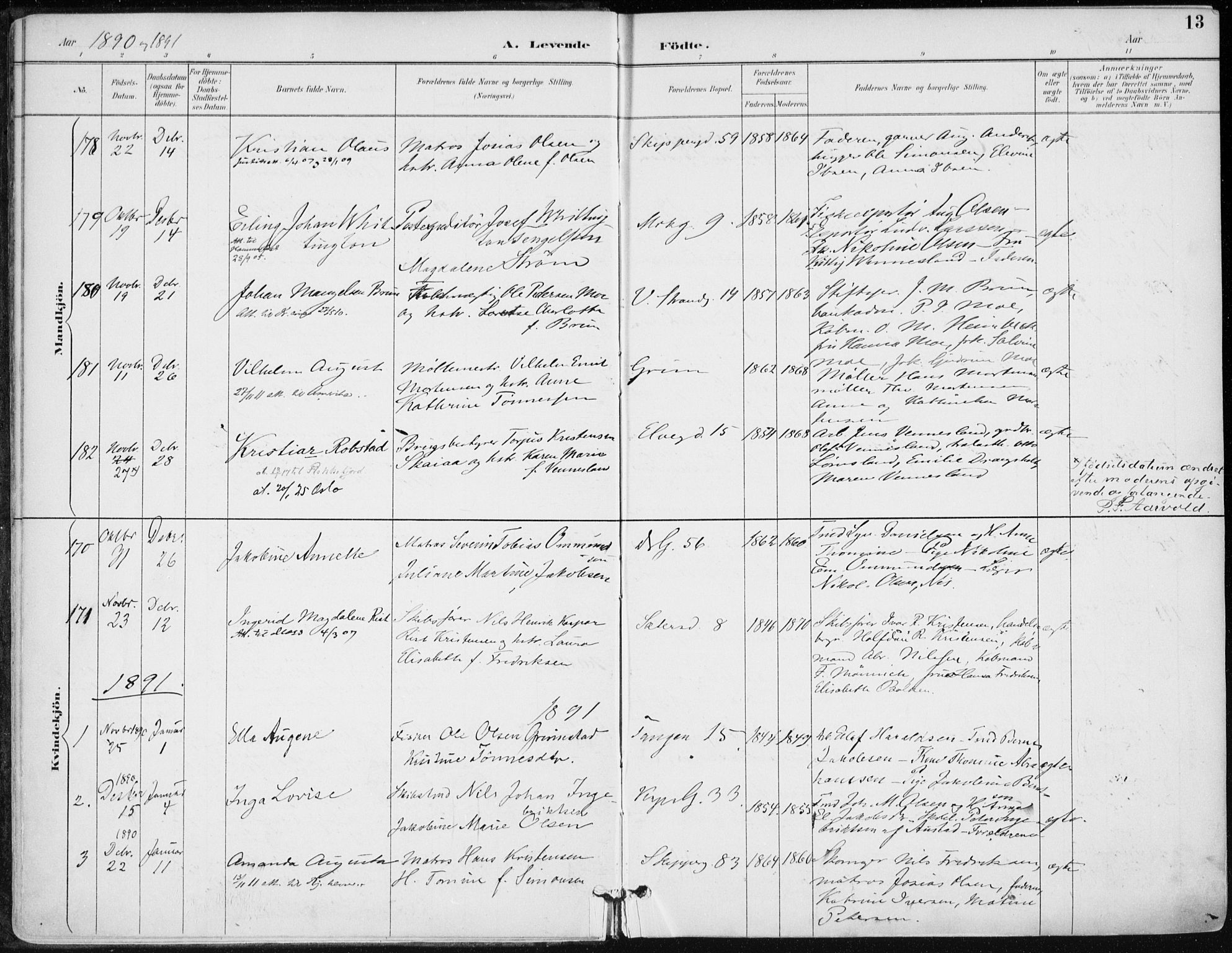 Kristiansand domprosti, SAK/1112-0006/F/Fa/L0019: Parish register (official) no. A 18, 1890-1897, p. 13
