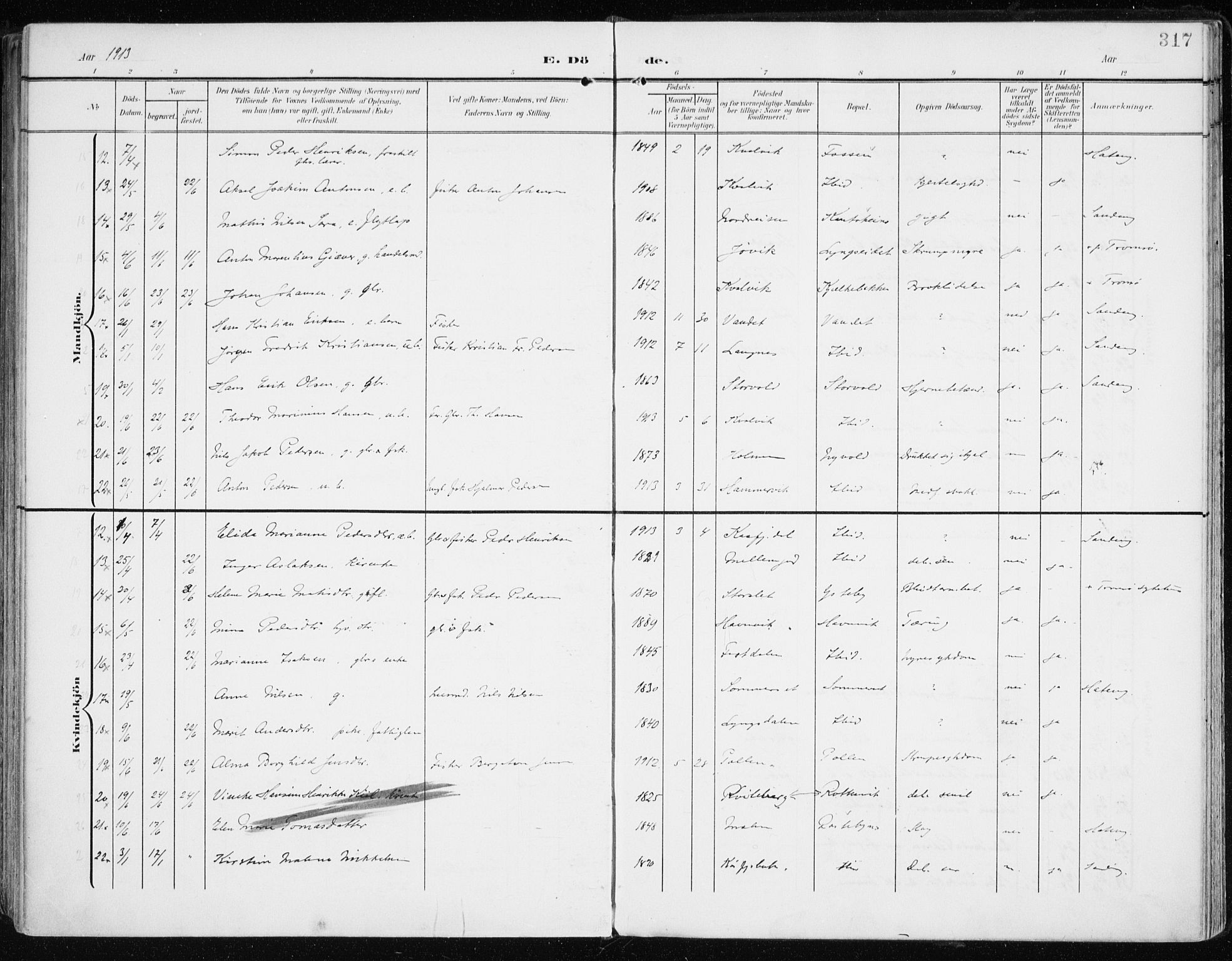 Lyngen sokneprestembete, SATØ/S-1289/H/He/Hea/L0011kirke: Parish register (official) no. 11, 1903-1913, p. 317