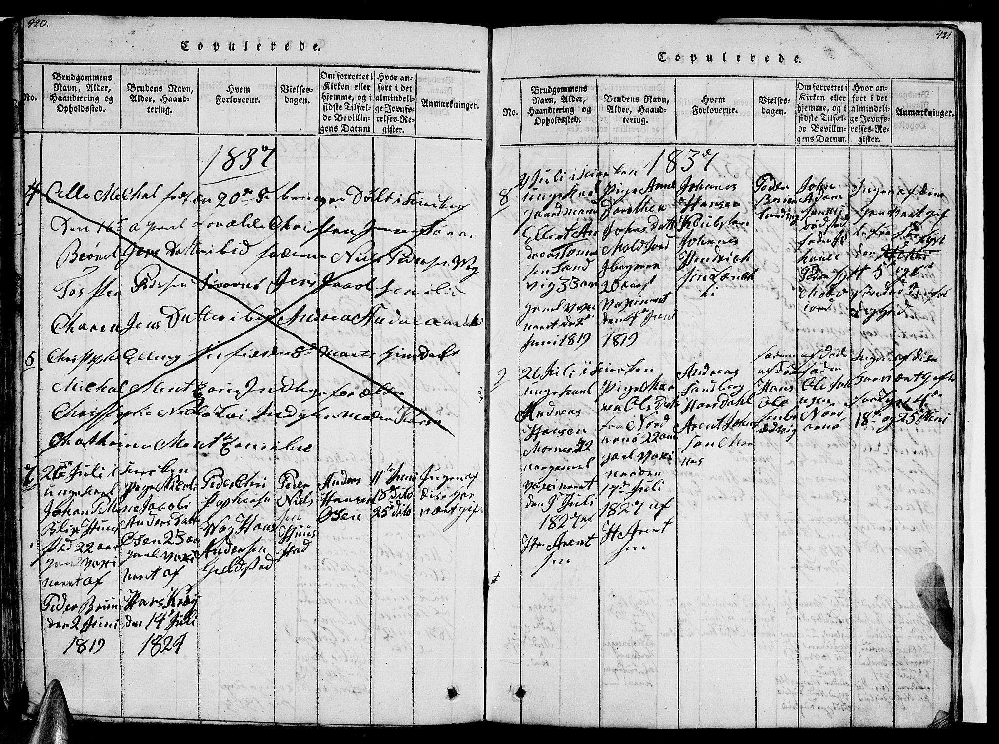 Ministerialprotokoller, klokkerbøker og fødselsregistre - Nordland, SAT/A-1459/805/L0105: Parish register (copy) no. 805C01, 1820-1839, p. 420-421