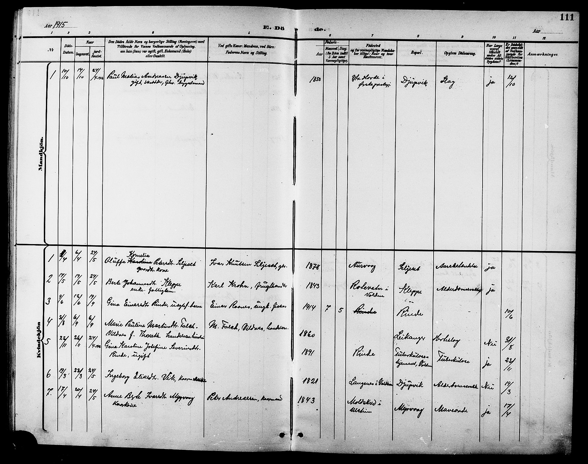 Ministerialprotokoller, klokkerbøker og fødselsregistre - Møre og Romsdal, AV/SAT-A-1454/508/L0098: Parish register (copy) no. 508C02, 1898-1916, p. 111