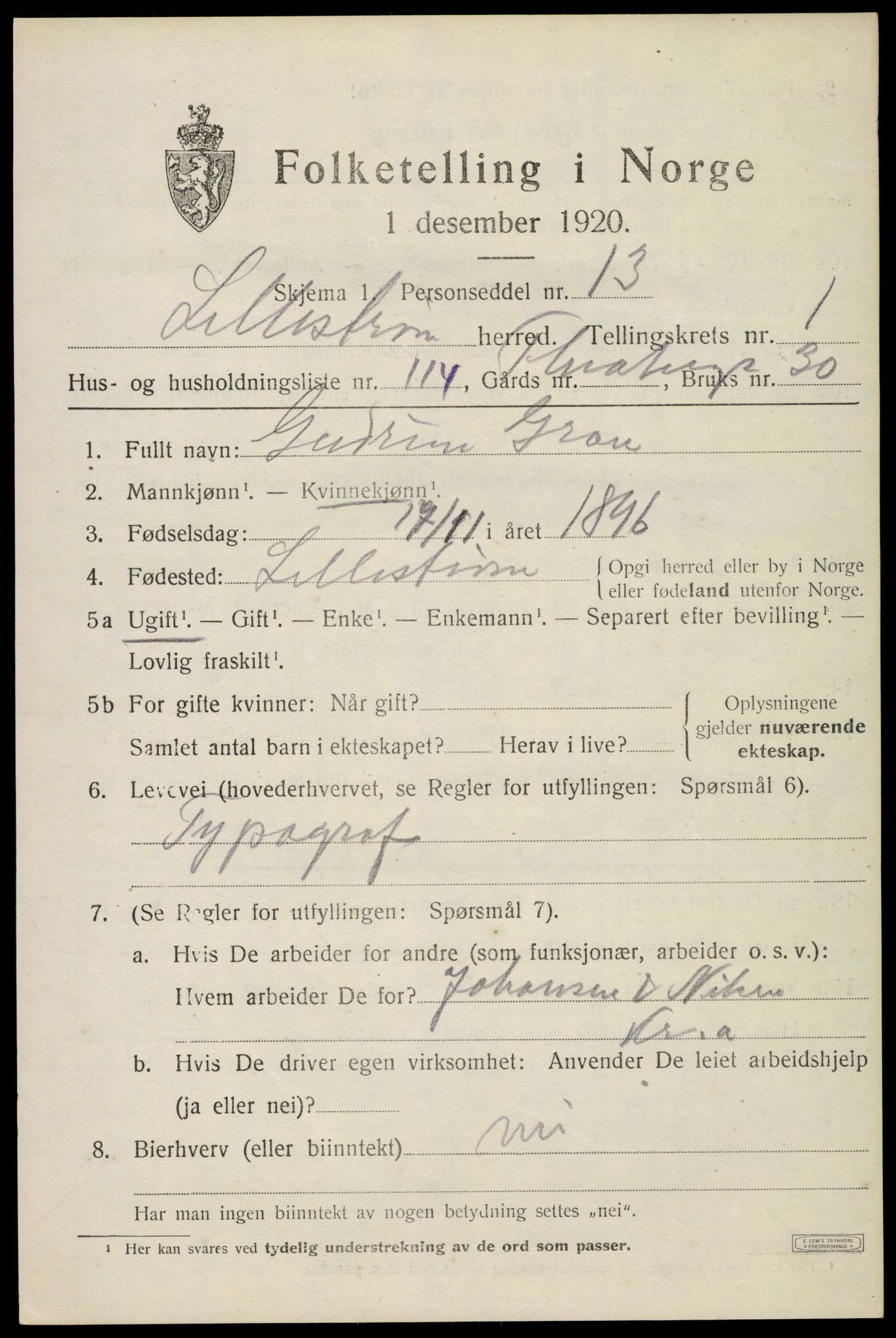 SAO, 1920 census for Lillestrøm, 1920, p. 3316
