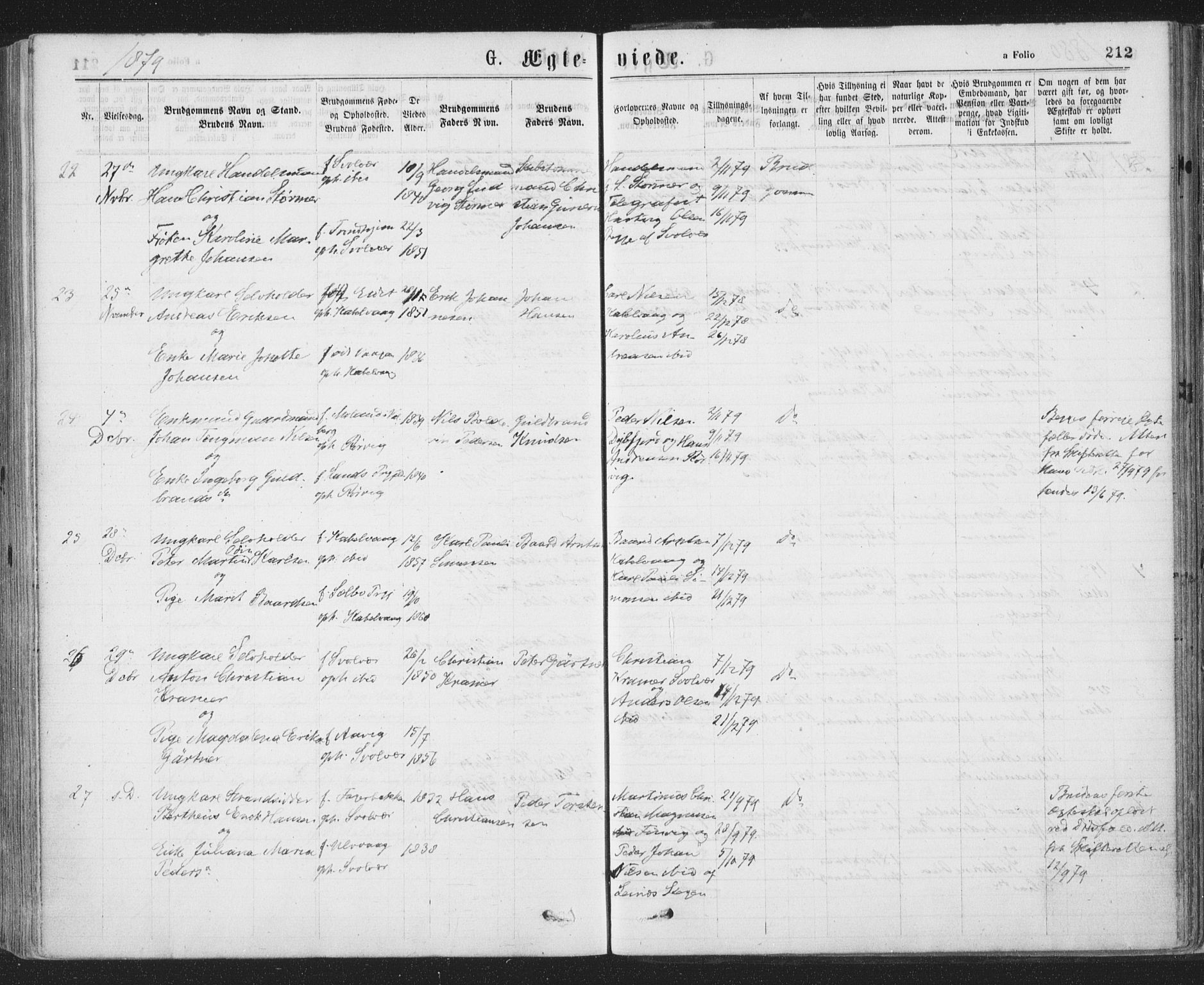 Ministerialprotokoller, klokkerbøker og fødselsregistre - Nordland, SAT/A-1459/874/L1058: Parish register (official) no. 874A02, 1878-1883, p. 212