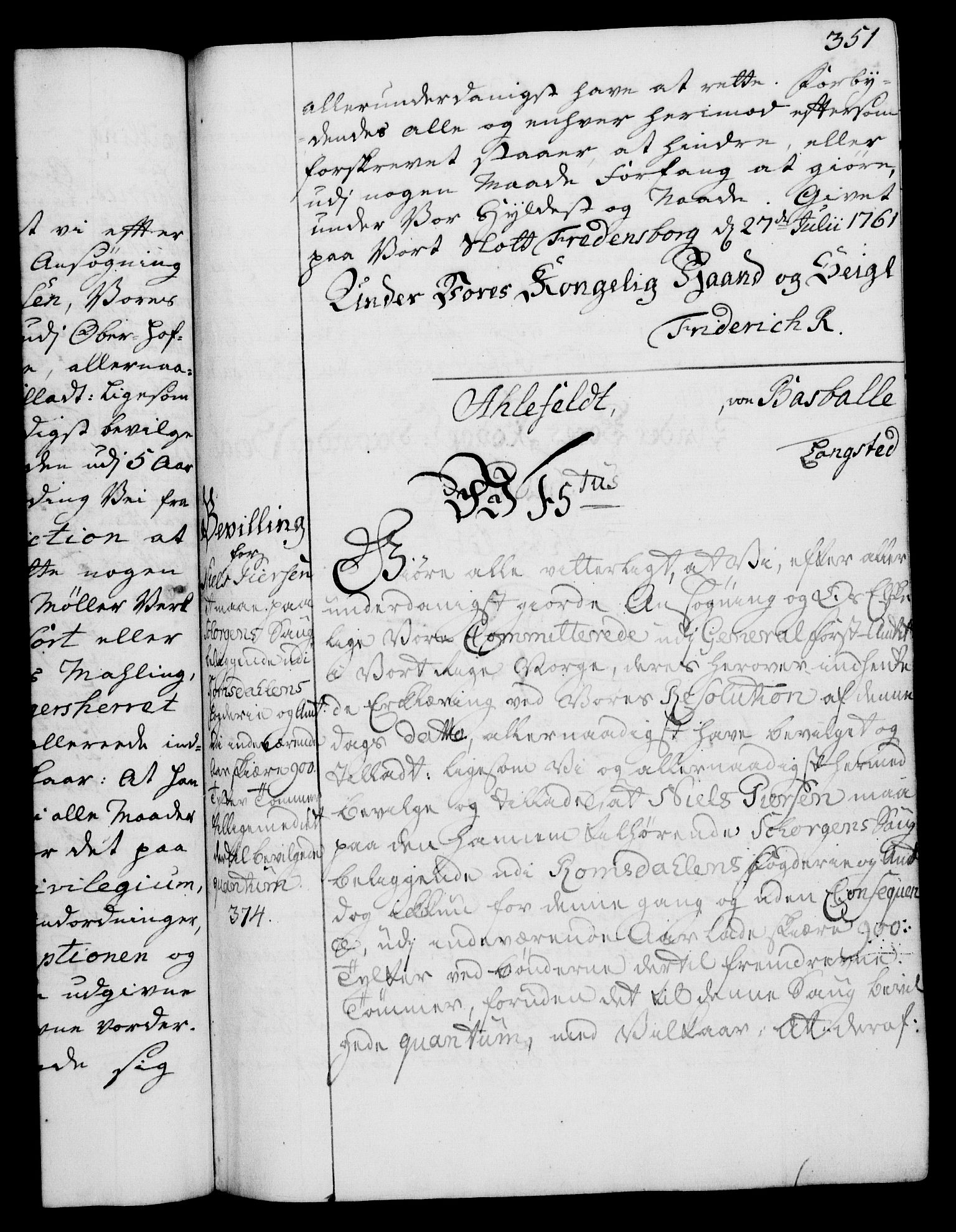 Rentekammeret, Kammerkanselliet, AV/RA-EA-3111/G/Gg/Gga/L0007: Norsk ekspedisjonsprotokoll med register (merket RK 53.7), 1759-1768, p. 351