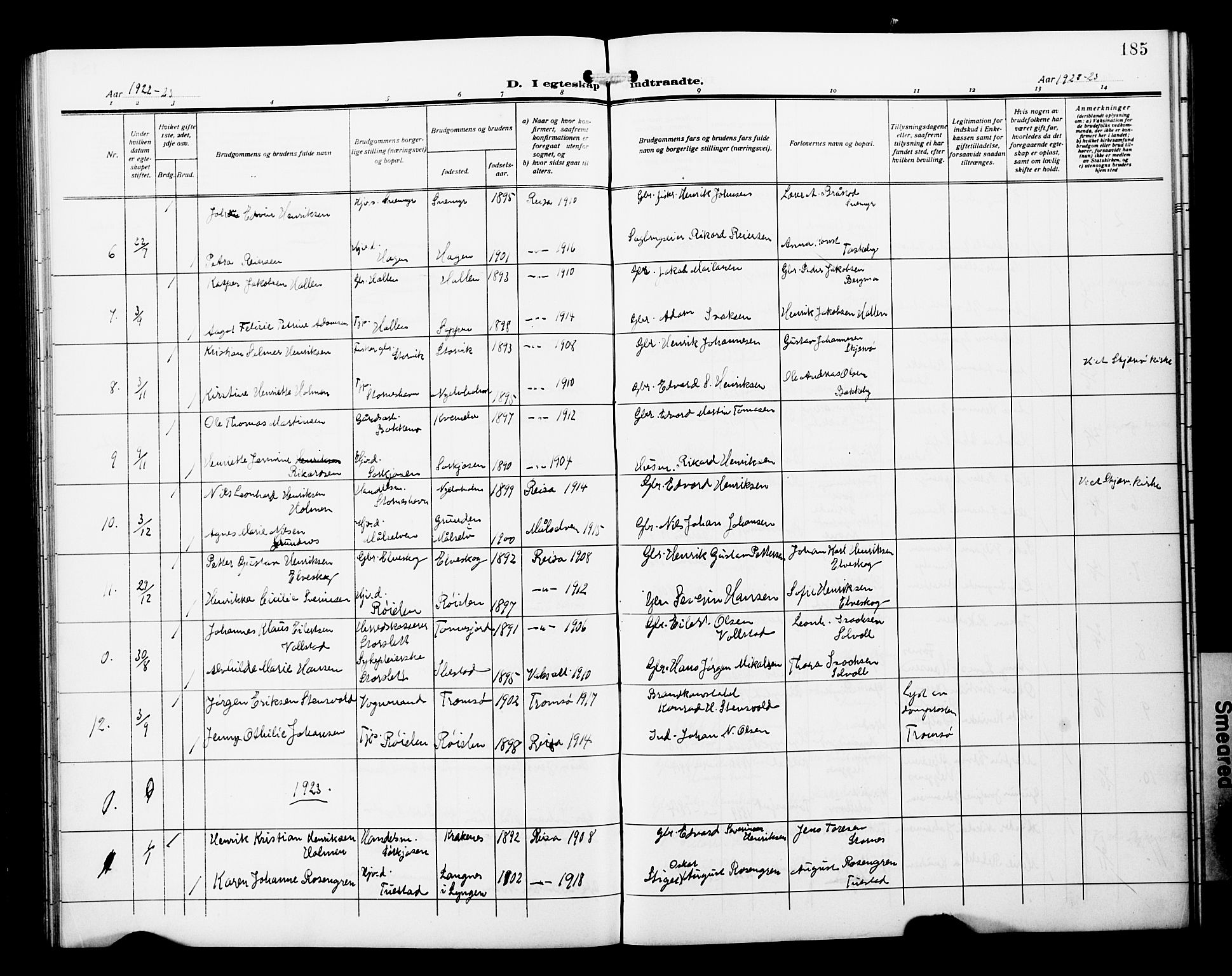 Skjervøy sokneprestkontor, SATØ/S-1300/H/Ha/Hab/L0022klokker: Parish register (copy) no. 22, 1910-1926, p. 185