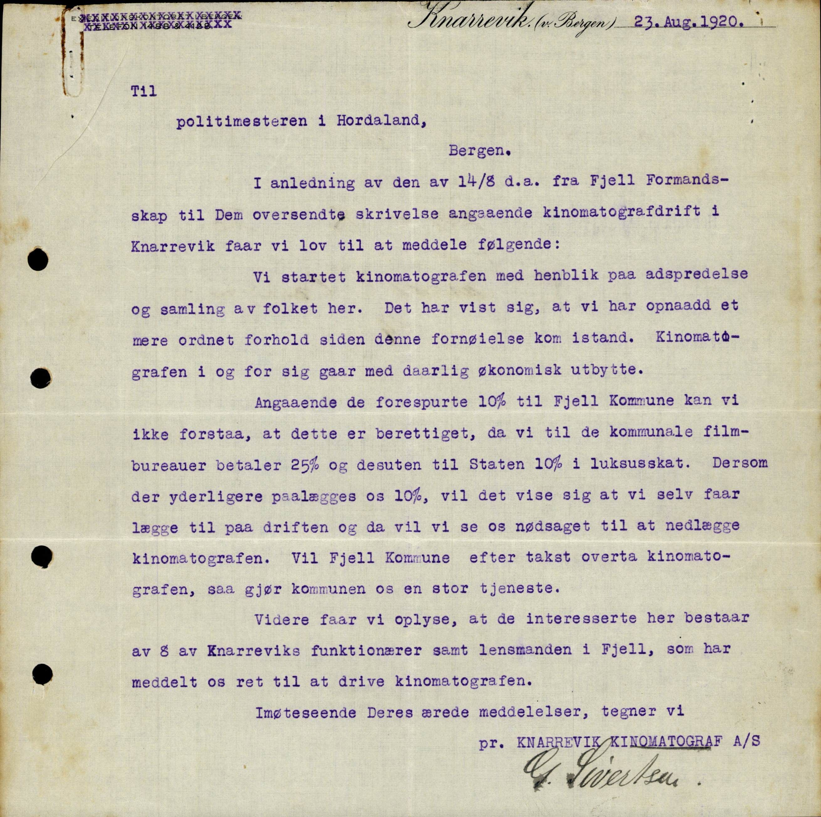 Fjell kommune. Formannskapet, IKAH/1246-021/D/Db/L0005/0007/0001: Korrespondanse / Kinodrift, 1920