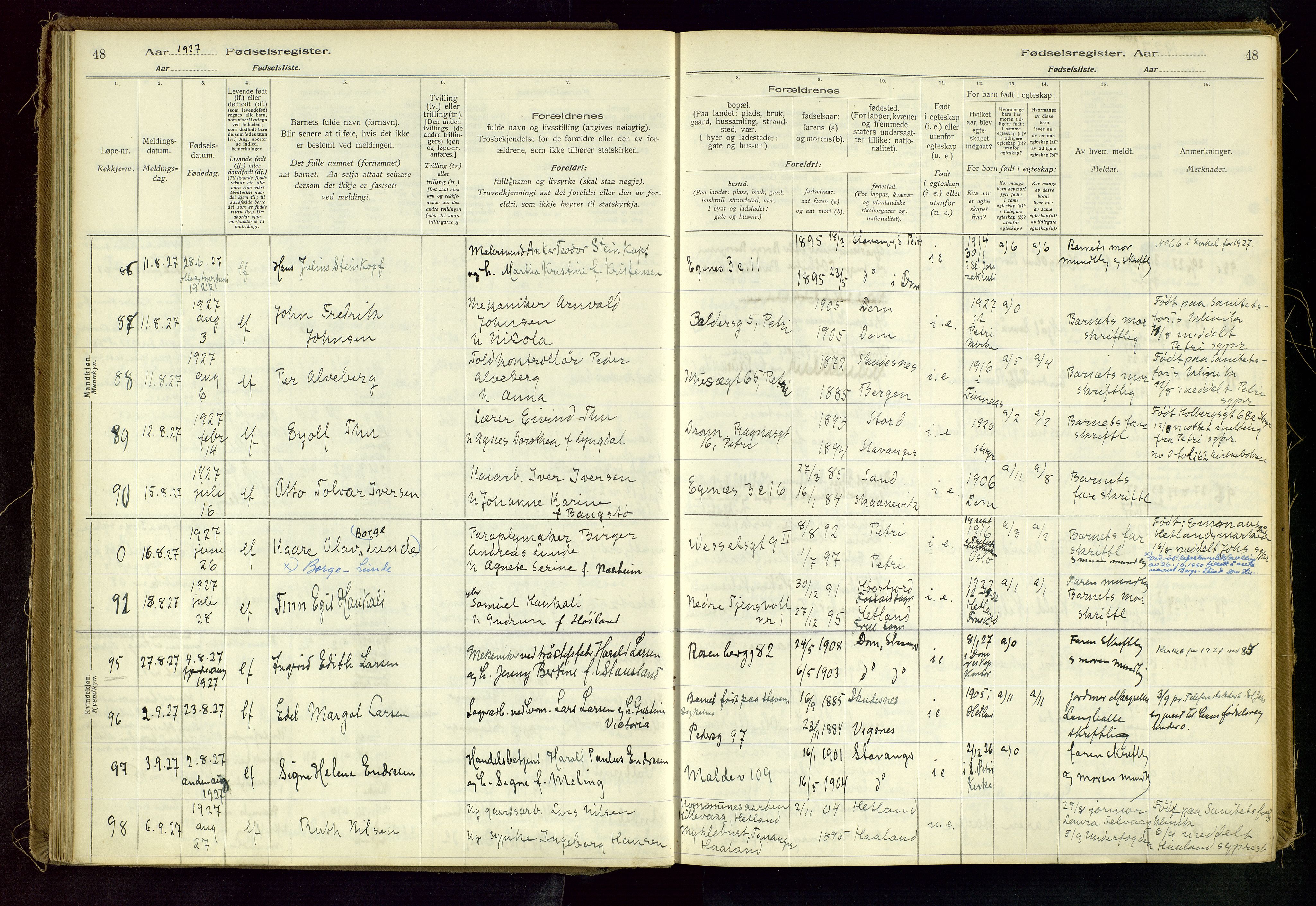 Domkirken sokneprestkontor, AV/SAST-A-101812/002/A/L0001: Birth register no. 1, 1925-1932, p. 48