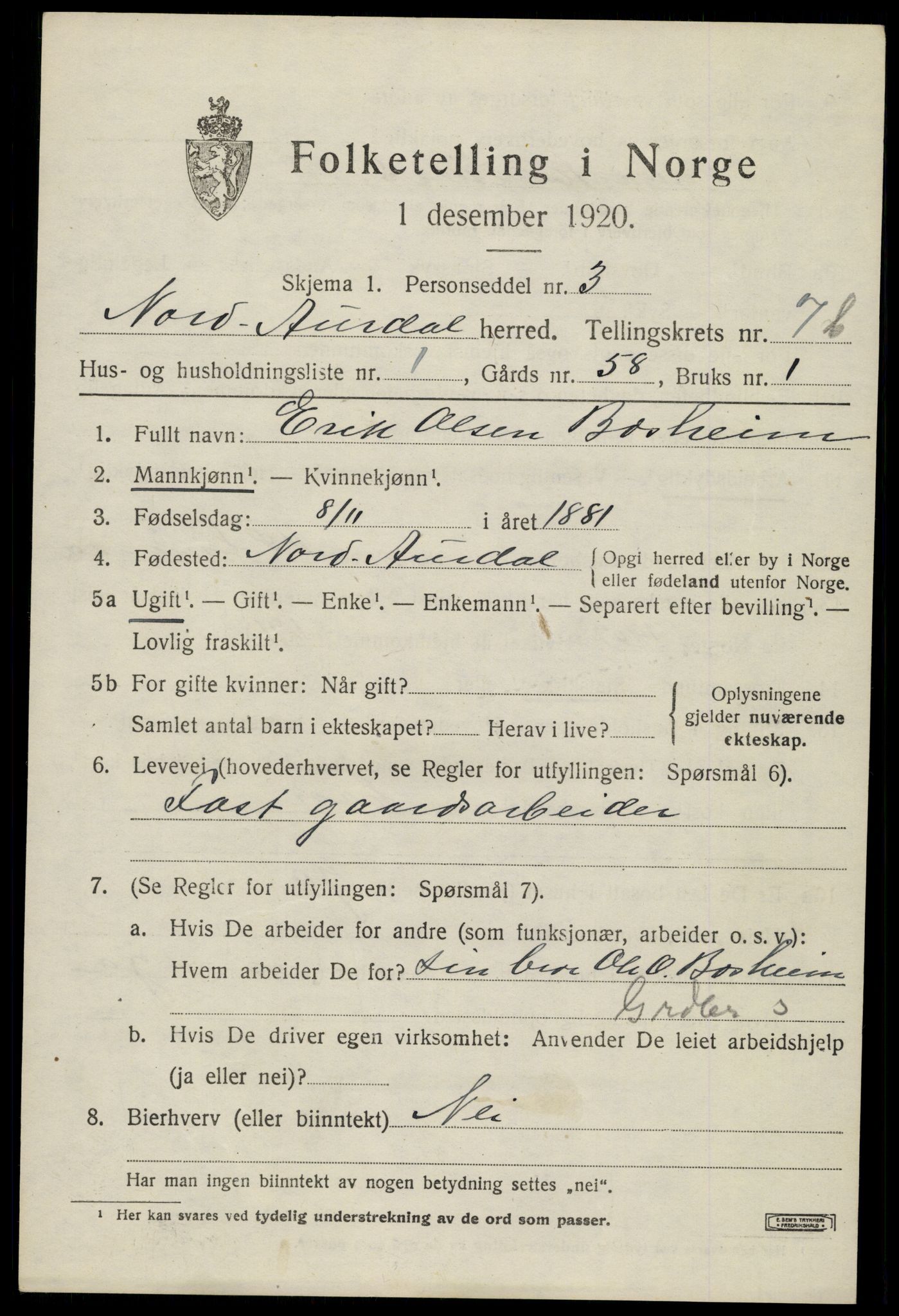 SAH, 1920 census for Nord-Aurdal, 1920, p. 6662